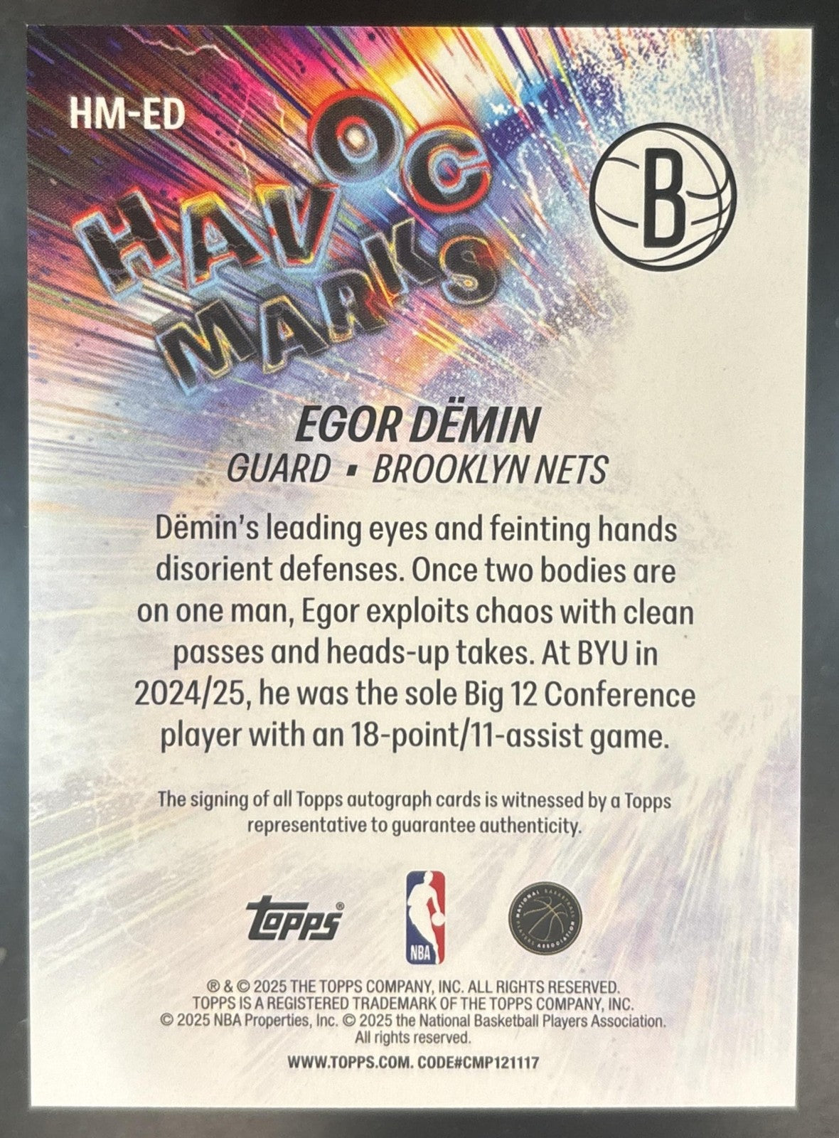 2025-26 Topps Egor Demin Havoc Marks #HM-ED RC Auto Brooklyn Nets