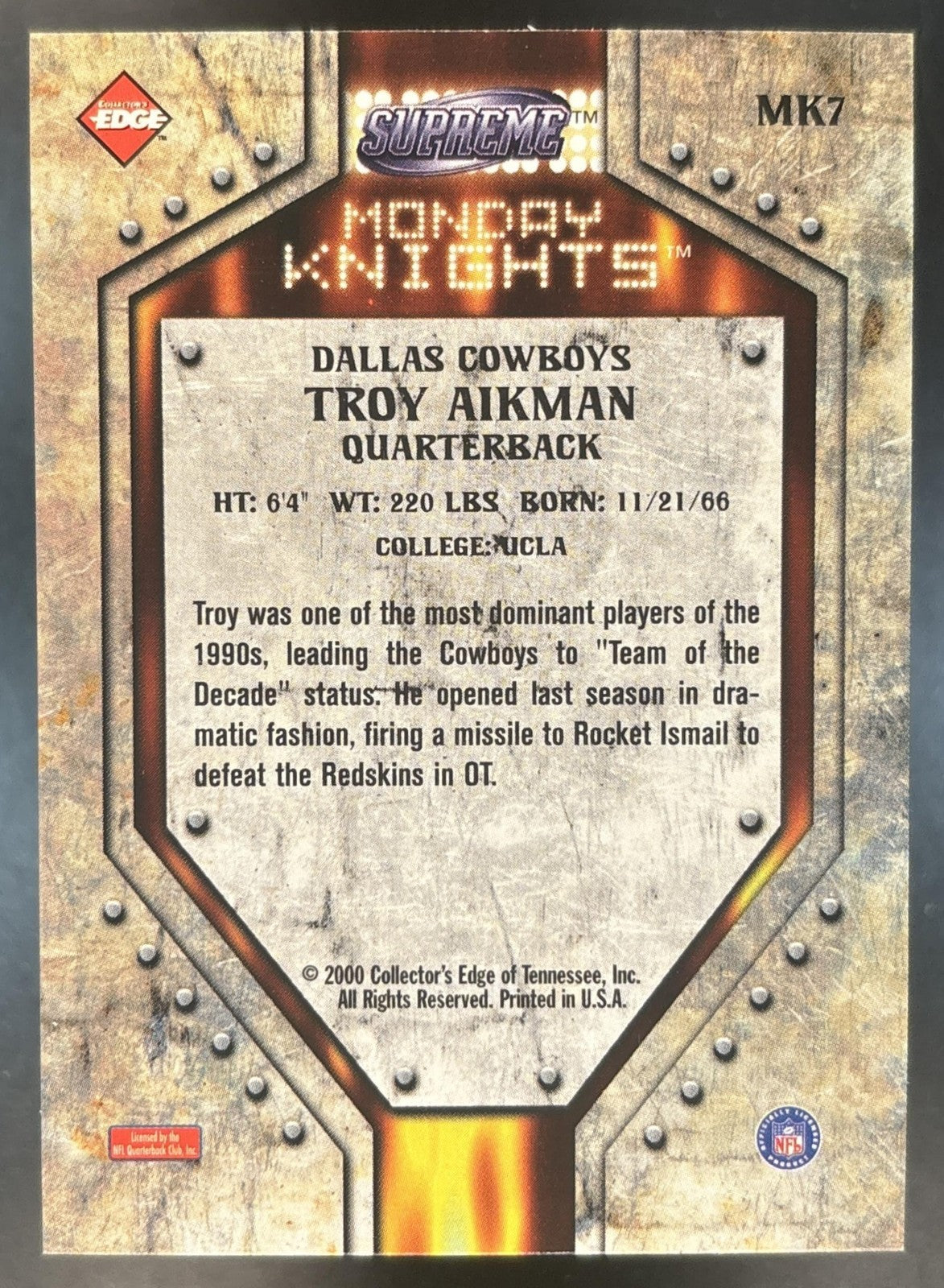 2000 Collector's Edge Supreme Troy Aikman Monday Knights #MK7 Dallas Cowboys