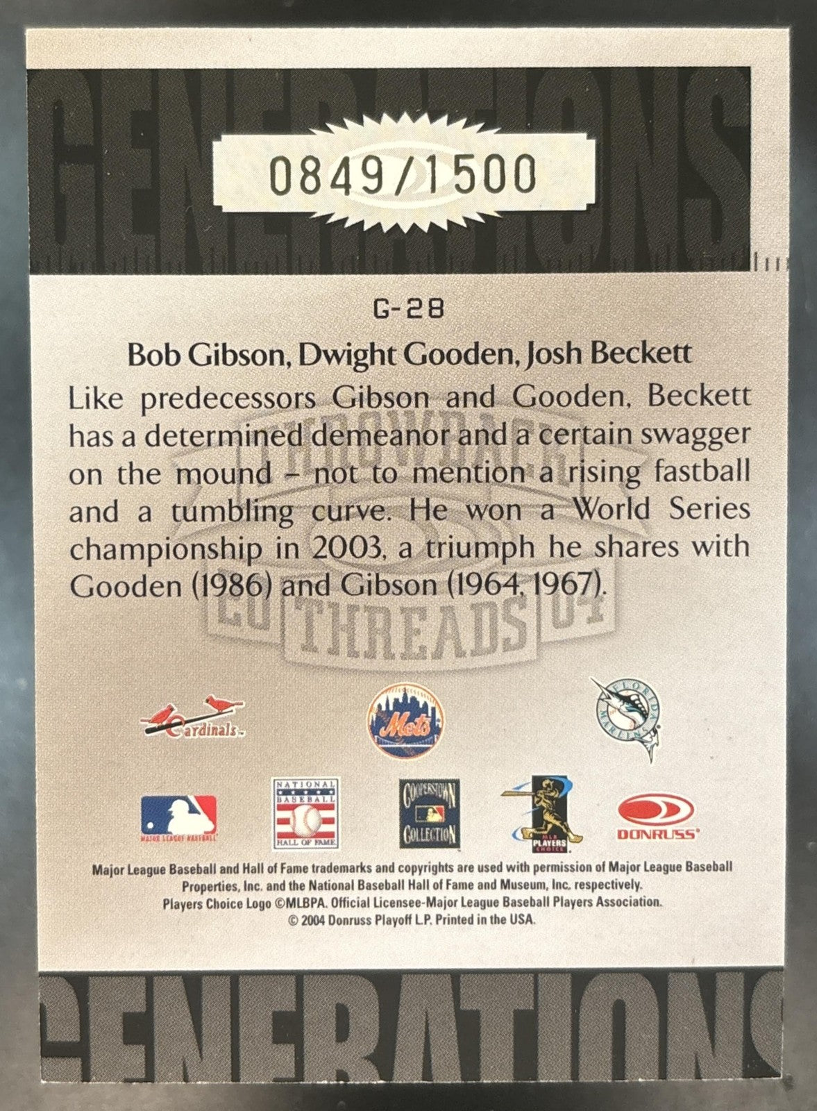 2004 Donruss Throwback Threads Bob Gibson Gooden Beckett Generations /1500 #G-28