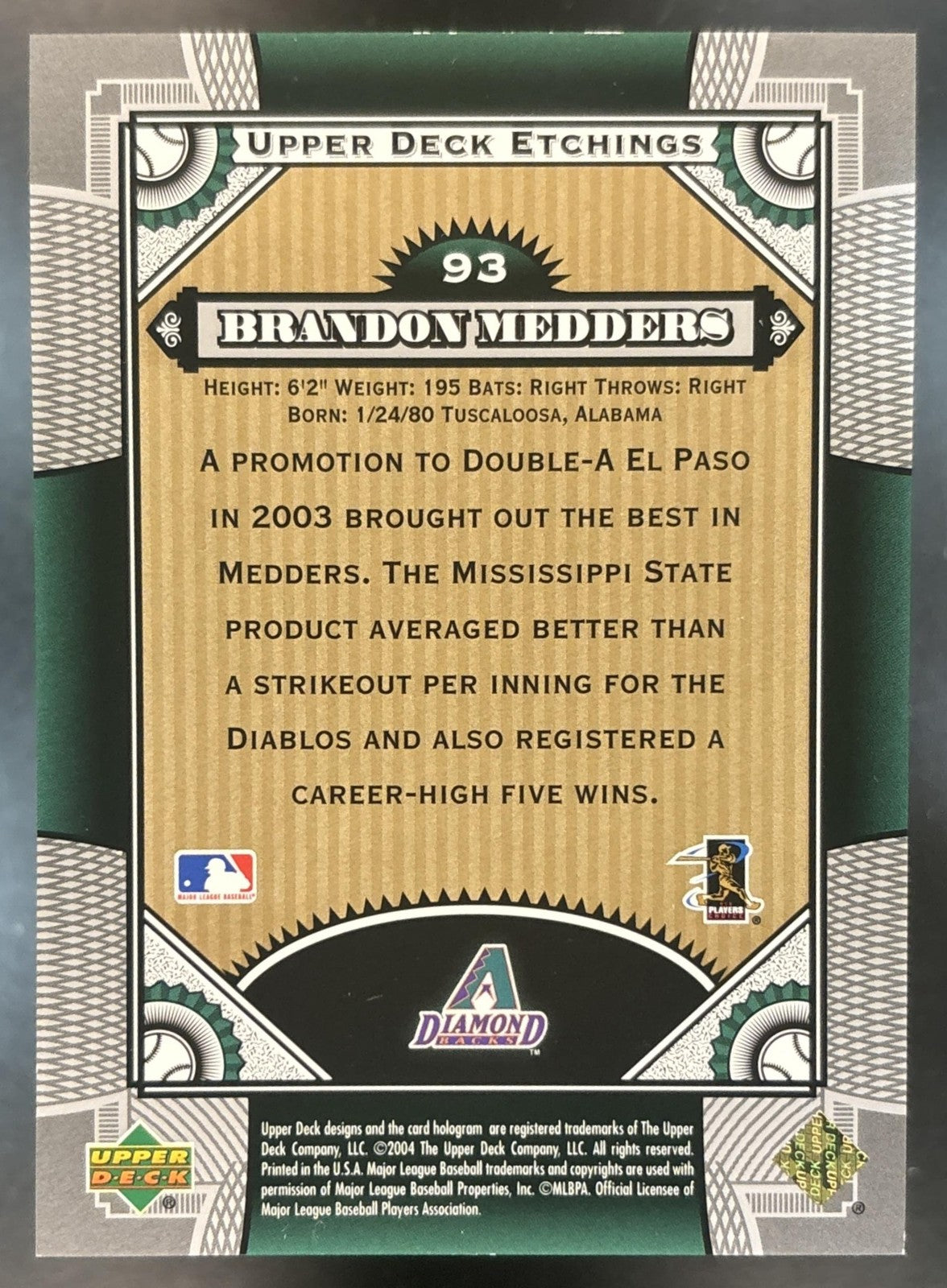 2004 Upper Deck Etchings Brandon Medders /2004 #93 RC Arizona Diamondbacks