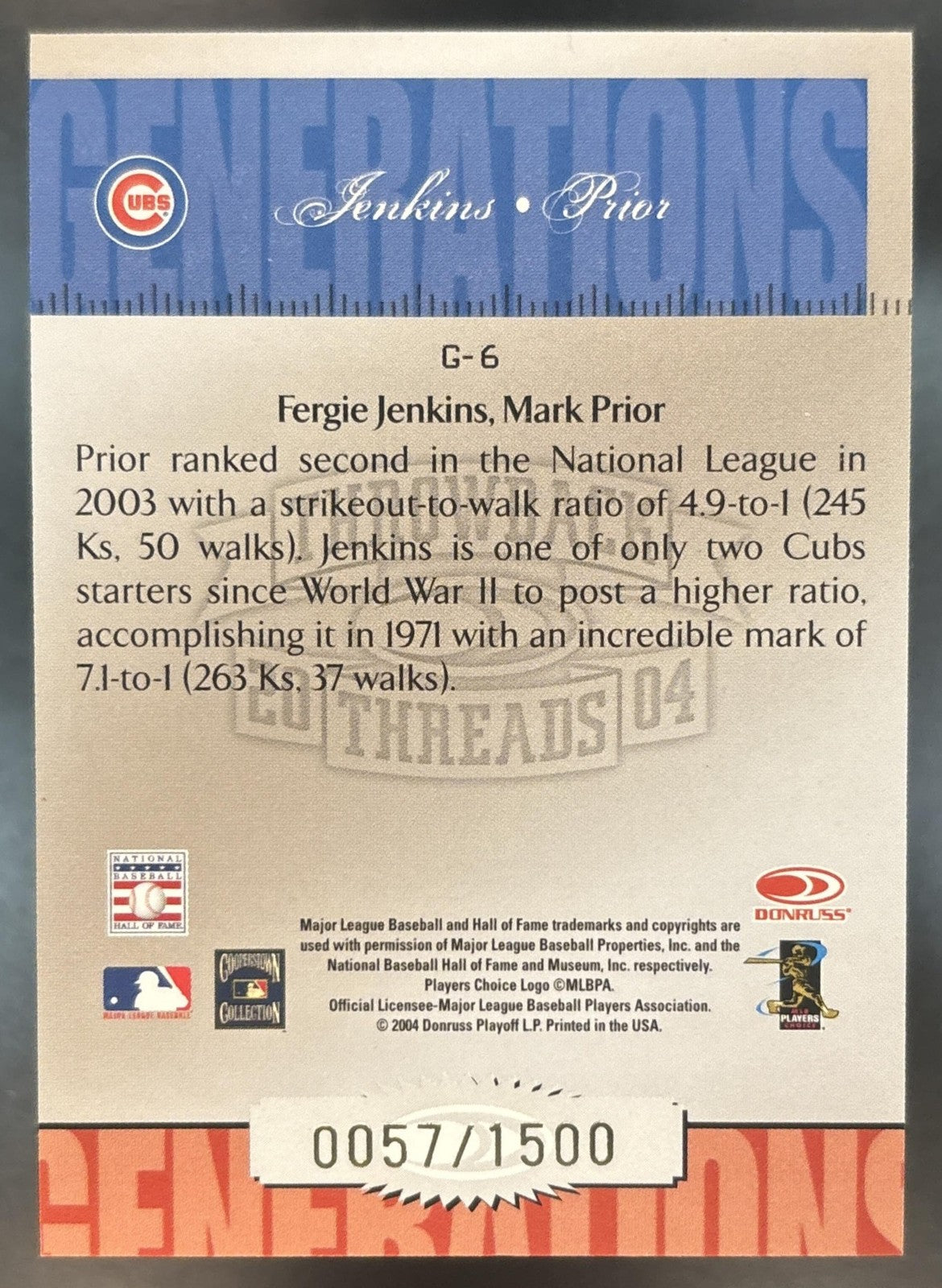 2004 Donruss Throwback Threads Fergie Jenkins Mark Prior Generations /1500 Cubs