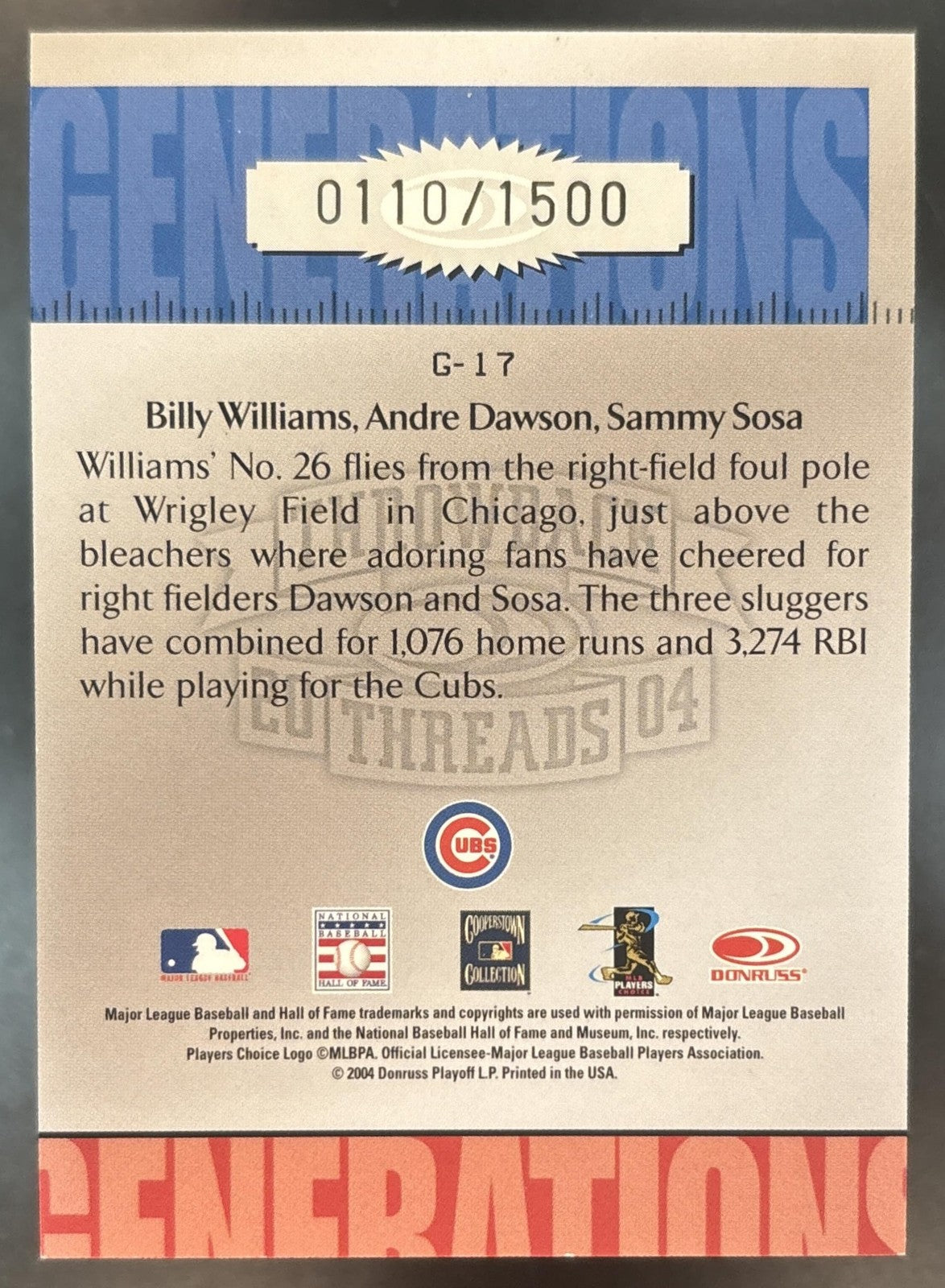 2004 Donruss Throwback Threads Williams Dawson Sammy Sosa Generations /1500 #