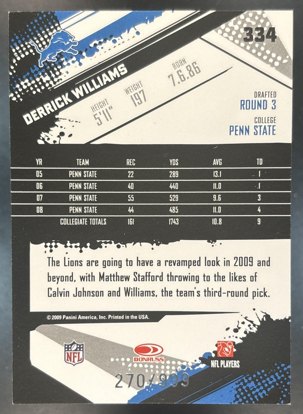 2009 Panini Score Inscriptions Derrick Williams /999 #334 RC Detroit Lions