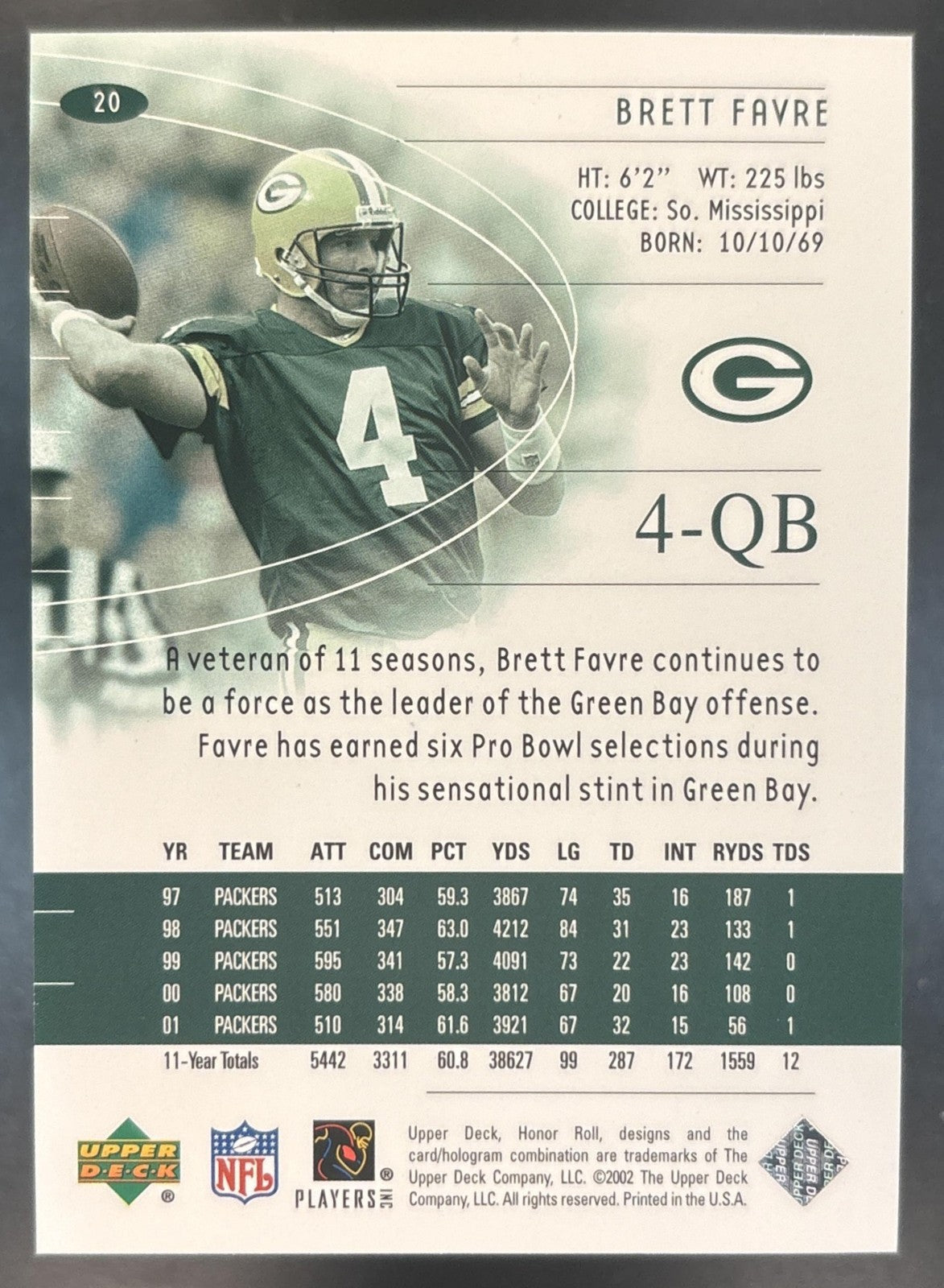 2002 Upper Deck Honor Roll Brett Favre #20 Green Bay Packers