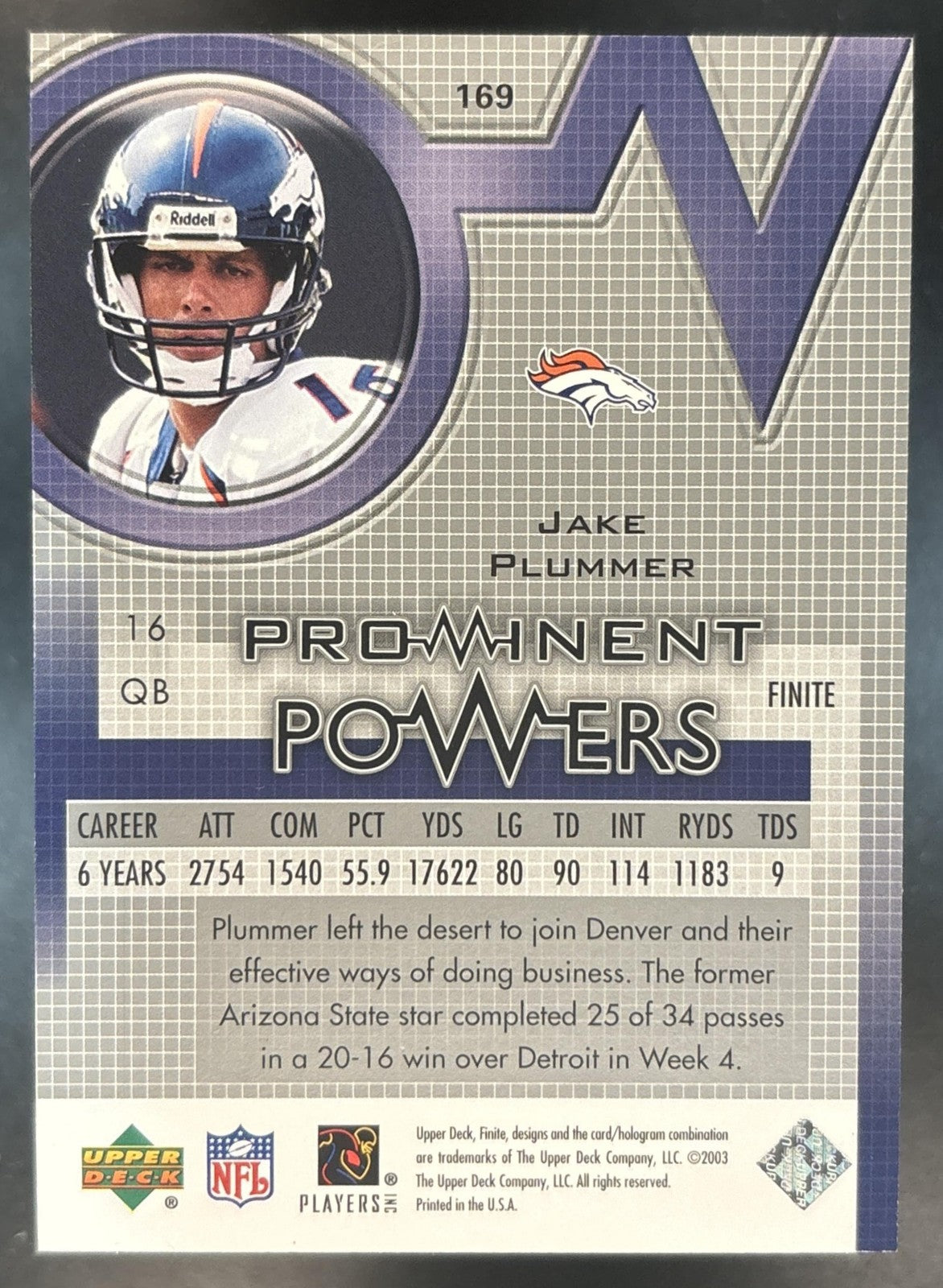 2003 Upper Deck Finite Jake Plummer /500 #169 Denver Broncos