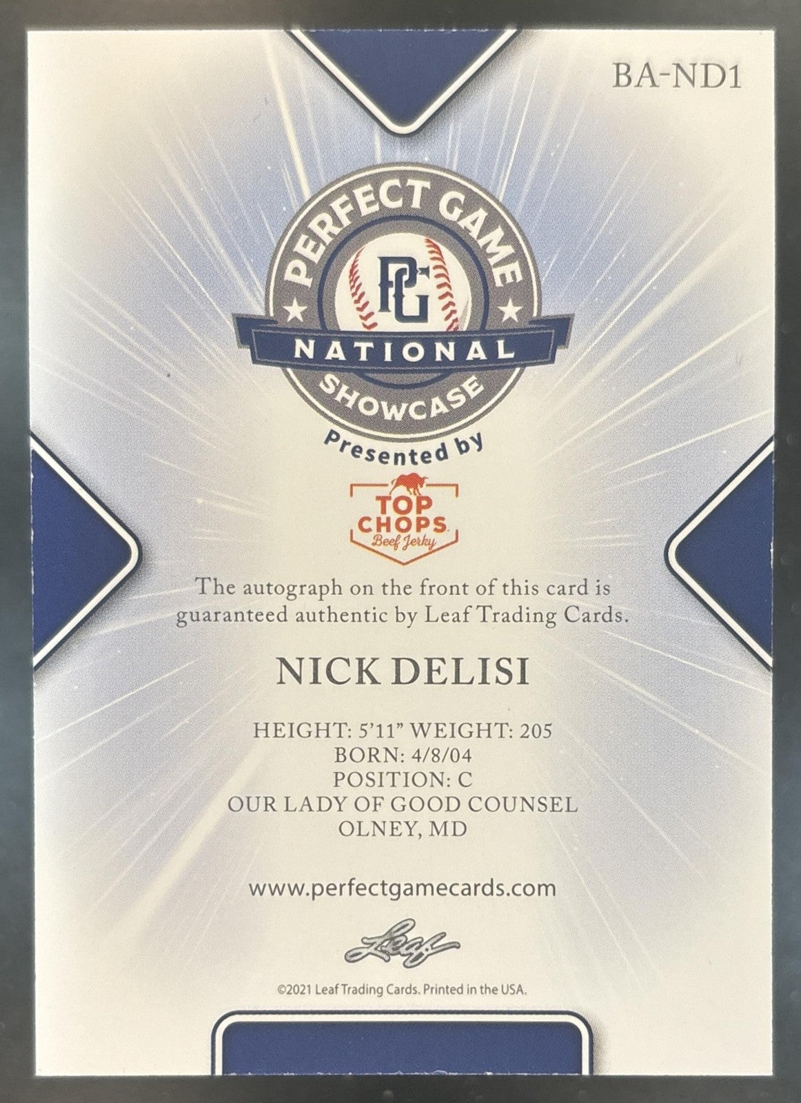 2021 Leaf Perfect Game National Showcase Nick DeLisi Auto Yellow /20 #BA-ND1