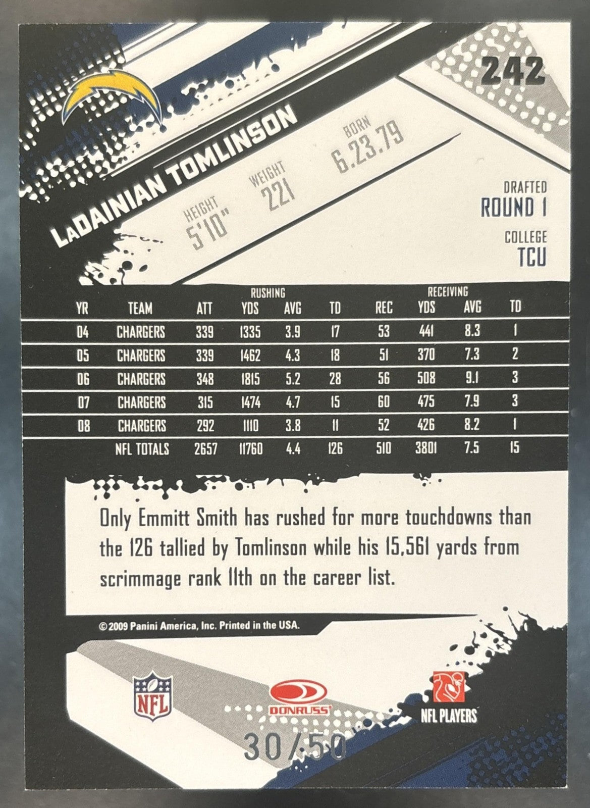 2009 Panini Score Inscriptions LaDainian Tomlinson Gold Zone /50 #242 Chargers