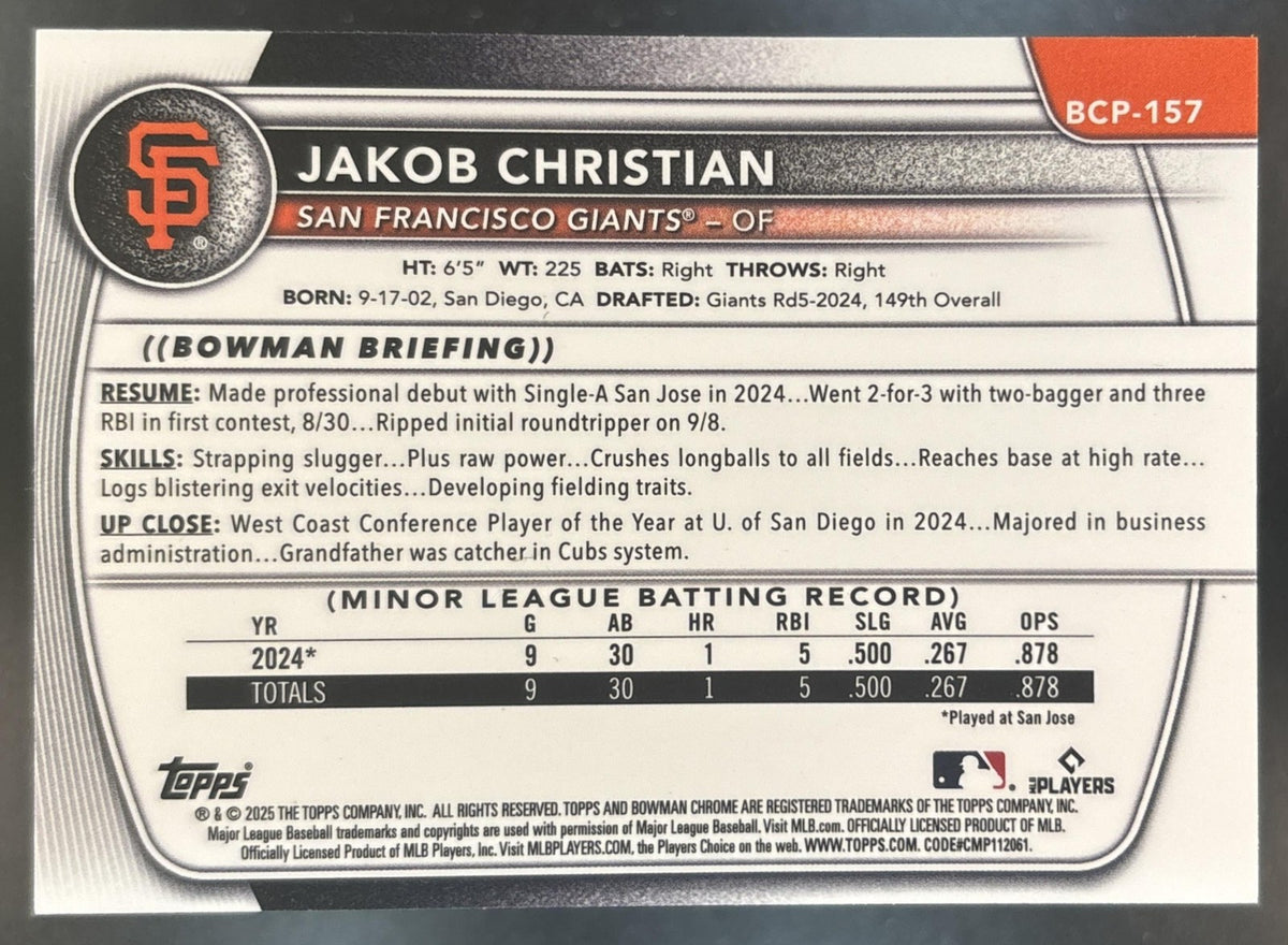 2025 Bowman Chrome Jakob Christian Blue Wave /150 #BCP-157 1st Prospect Giants