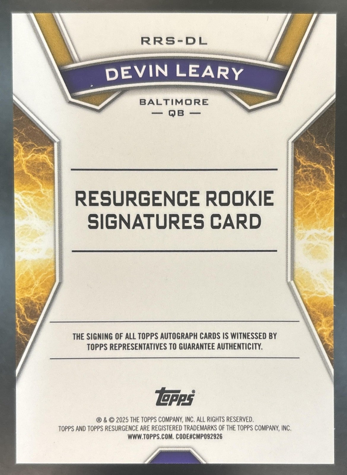 2024 Topps Resurgence Devin Leary Rookie Signature RC Auto Baltimore Ravens