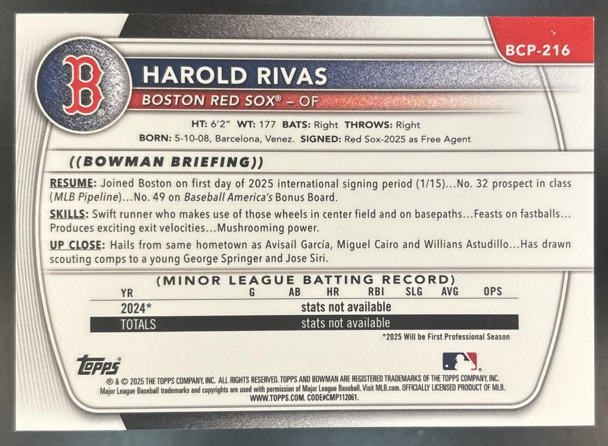 2025 Bowman Chrome Harold Rivas Fuchsia Shimmer /199 #BCP-216 1st Prospect