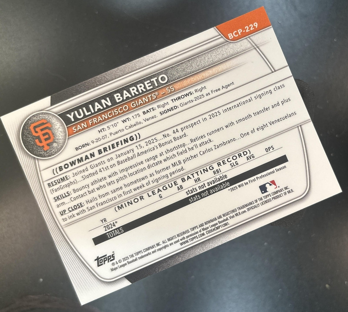 2025 Bowman Chrome Yulian Barreto Purple Wave /250 #BCP-229 1st Prospect Giants