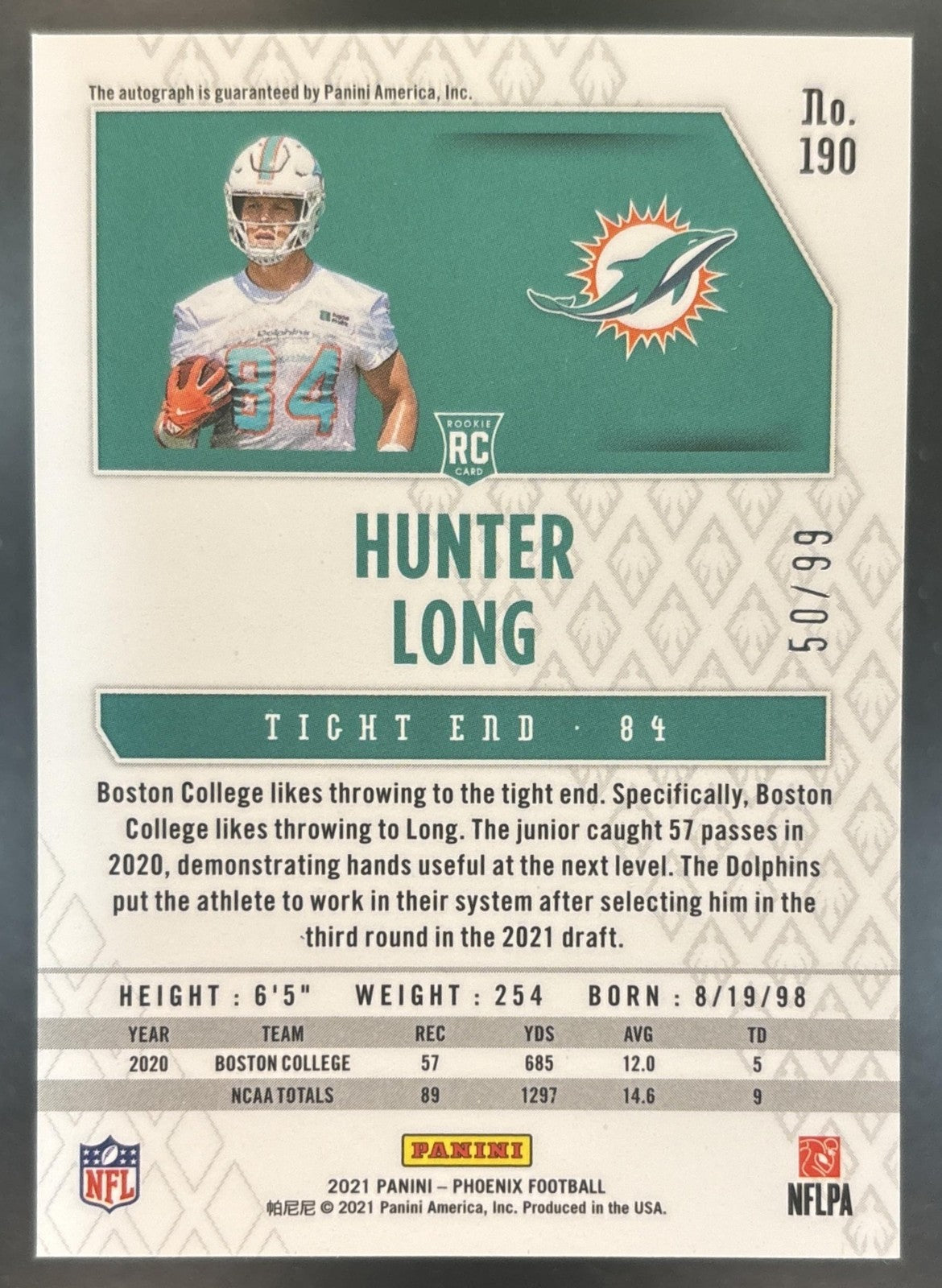 2021 Panini Phoenix Hunter Long Rookie Auto Pink /99 #190 RC Miami Dolphins
