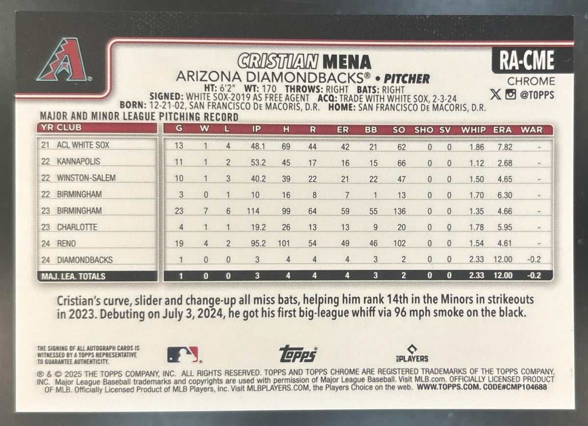 2025 Topps Chrome Cristian Mena Rookie Auto #RA-CME RC Arizona Diamondbacks