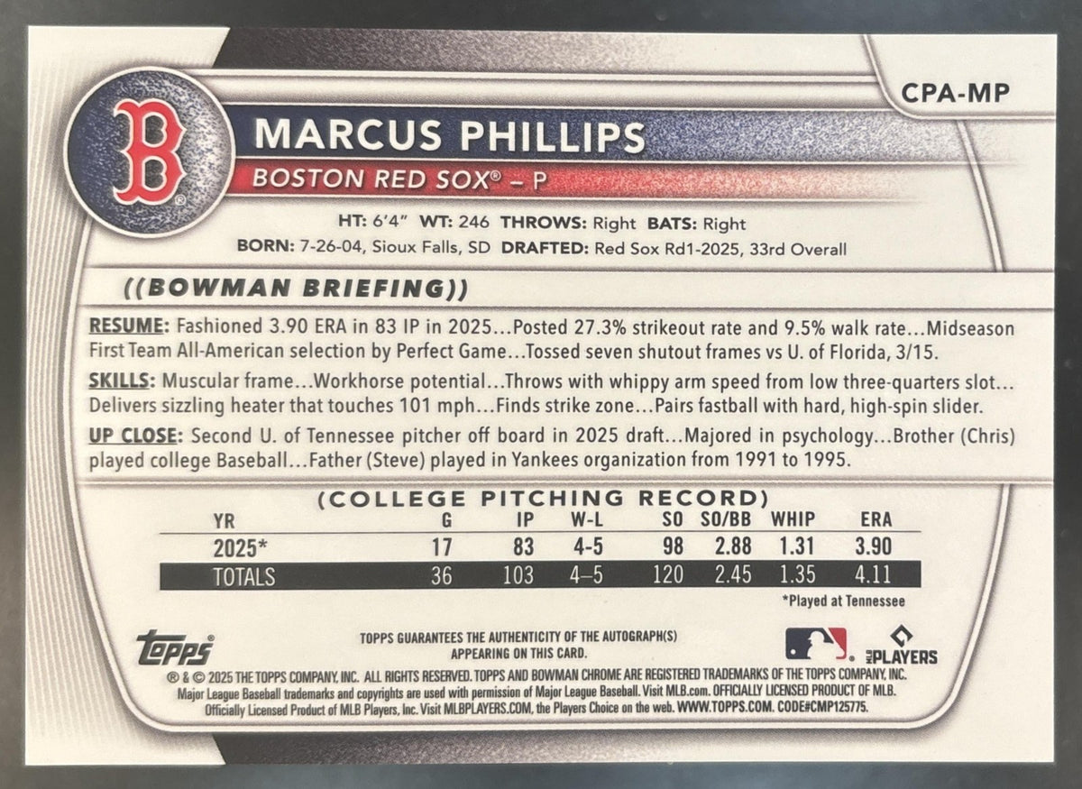 2025 Bowman Draft Marcus Phillips Chrome Auto 1st Prospect Boston Red Sox