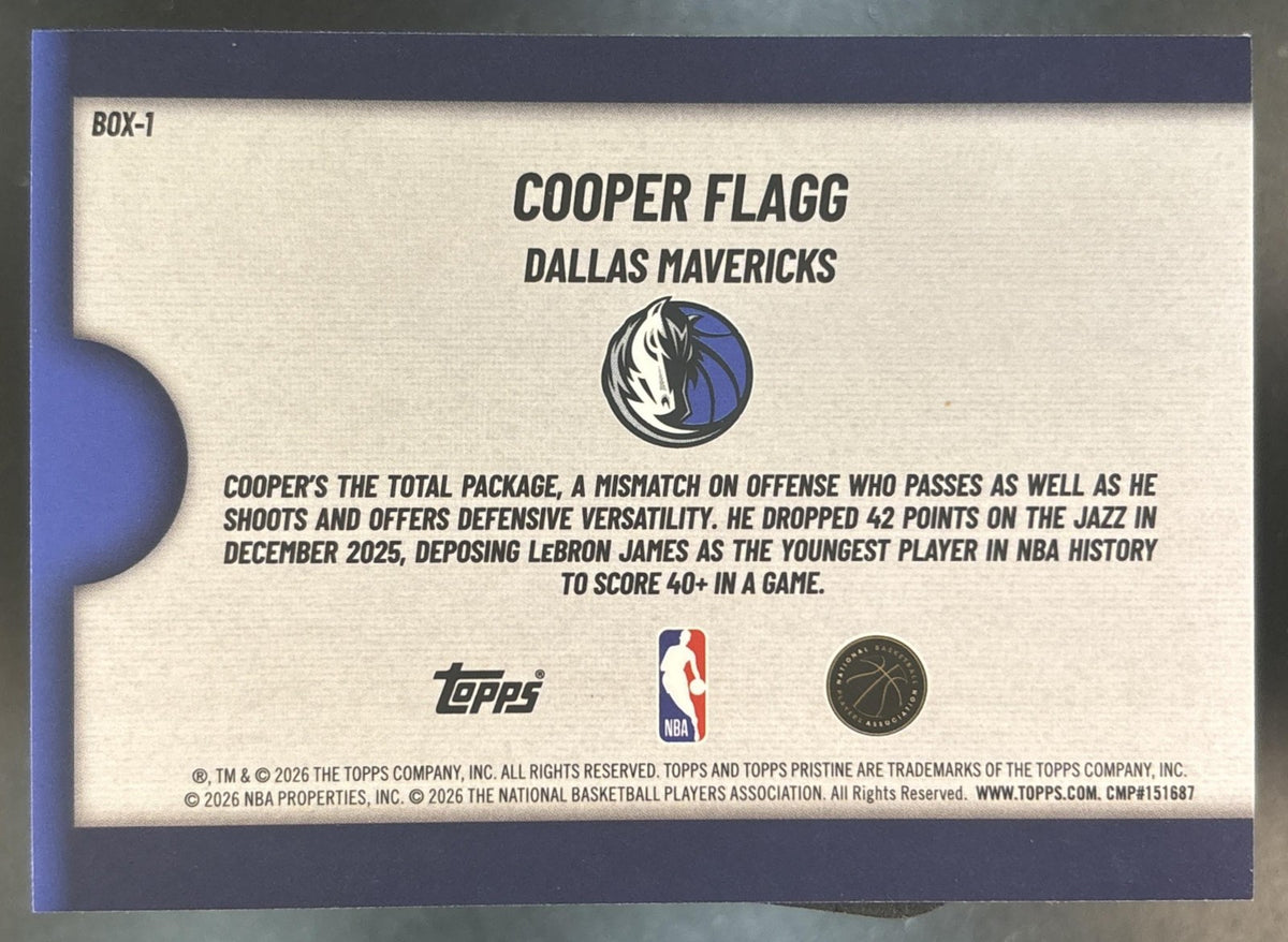 2025-26 Topps Pristine Cooper Flagg Fresh Out of the Box Blue /75 RC Mavericks