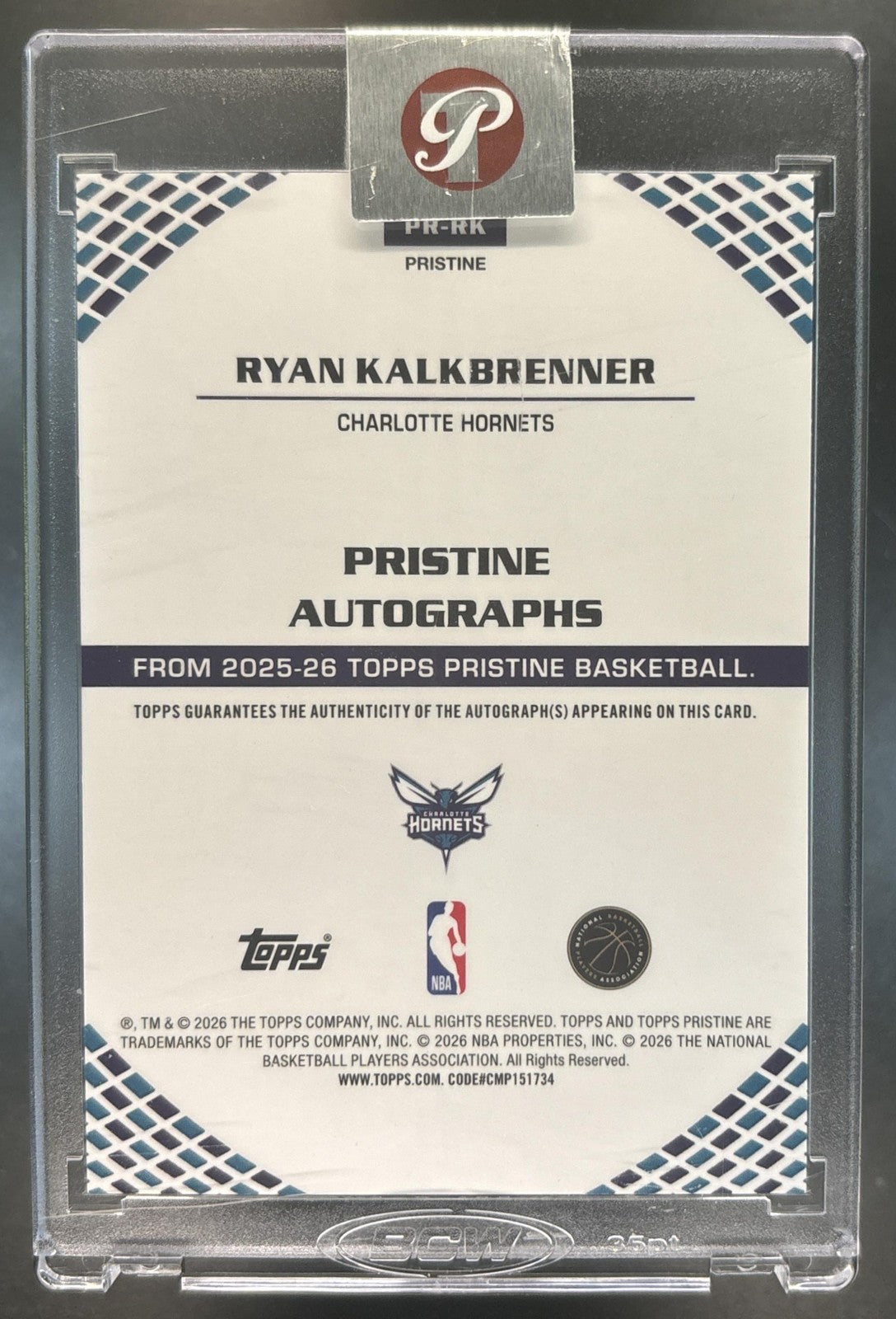 2025-26 Topps Pristine Ryan Kalkbrenner Auto Green /150 RC Charlotte Hornets
