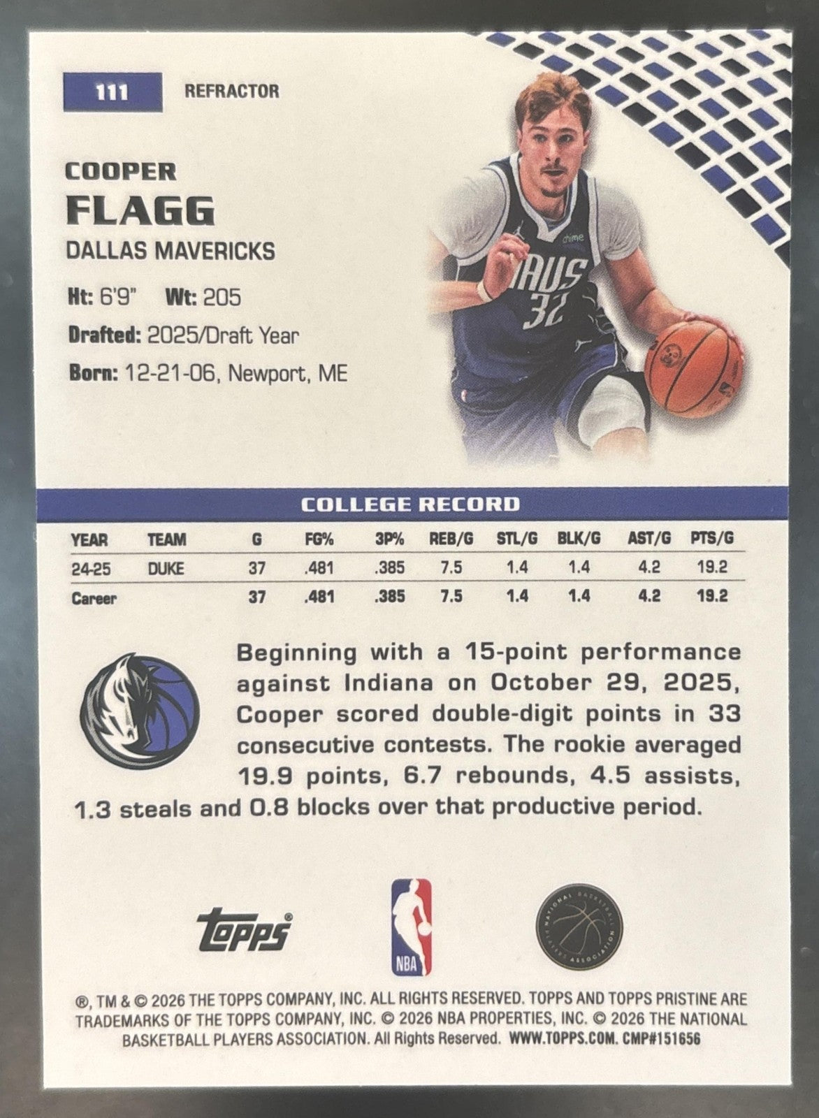 2025-26 Topps Pristine Cooper Flagg Refractor #111 RC