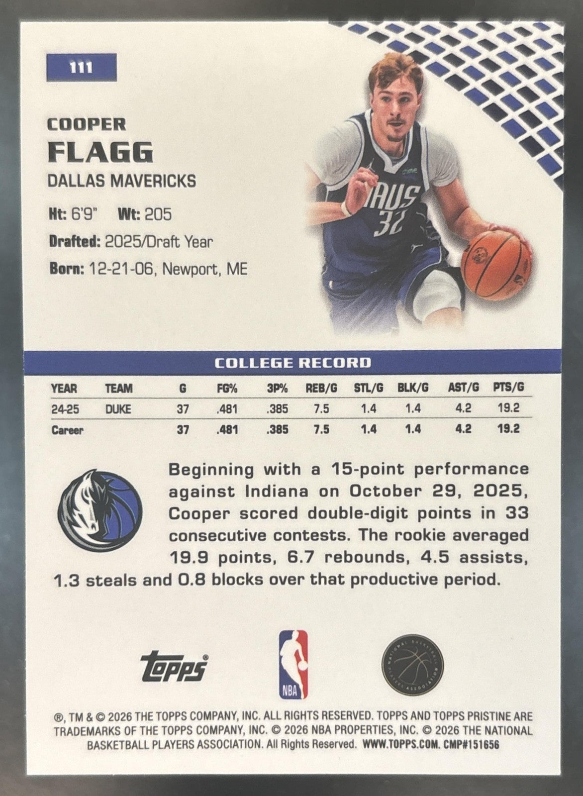 2025-26 Topps Pristine Cooper Flagg #111 RC Mavericks