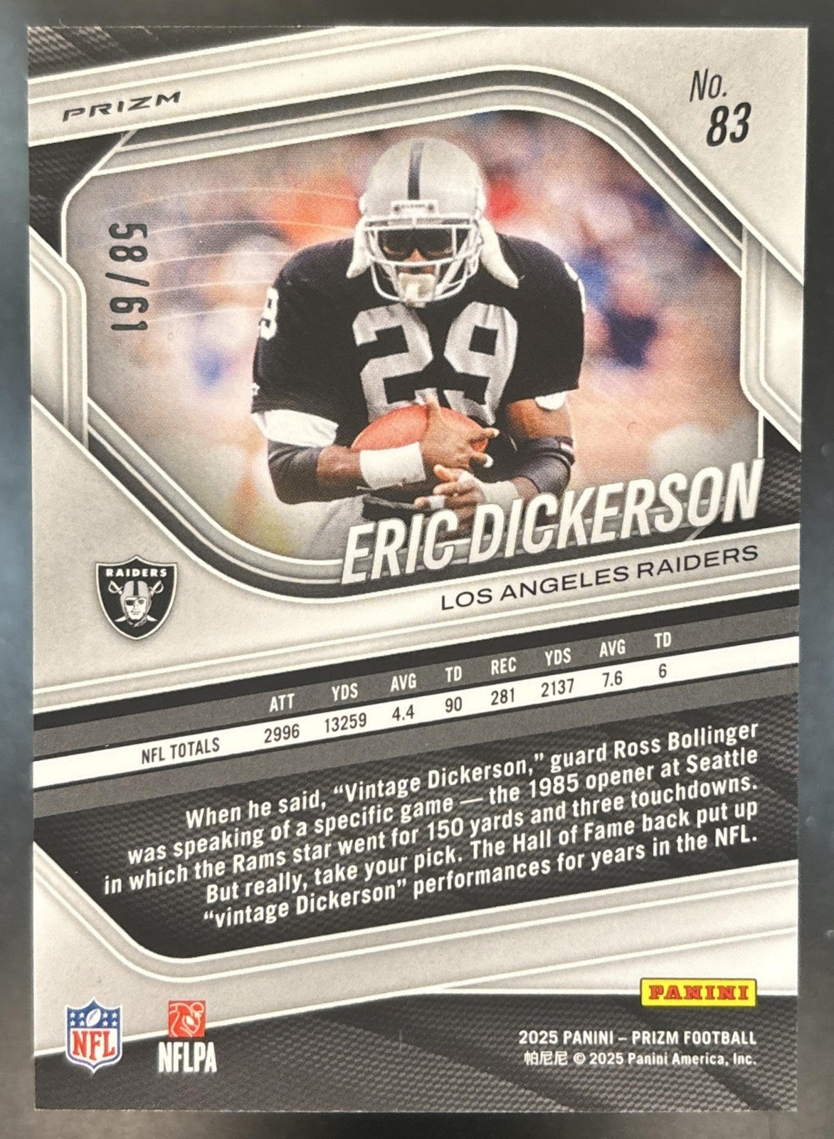 2025 Panini Prizm Eric Dickerson Kangaroo /61 #83 Los Angeles Raiders