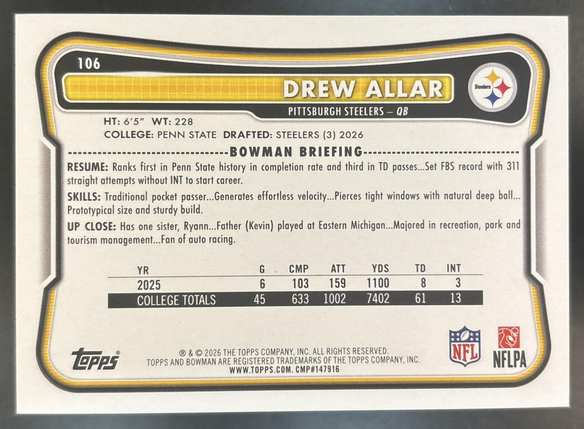 2026 Bowman Drew Allar NFL Yellow /275 #106 RC Pittsburgh Steelers