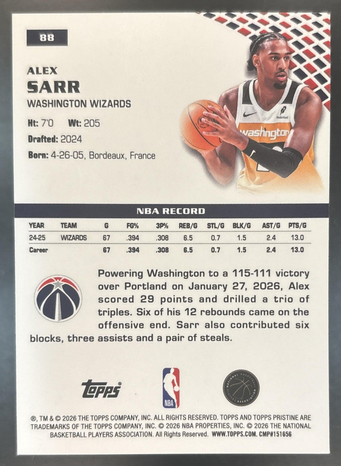 2025-26 Topps Pristine Alex Sarr Aqua Refractor /199 #88 Washington Wizards