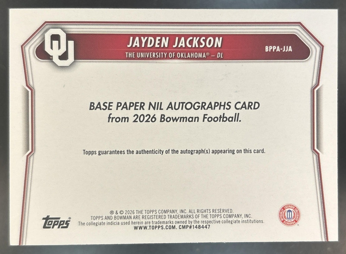 2026 Bowman Jayden Jackson Paper Auto Green /99 1st Prospect Oklahoma Sooners