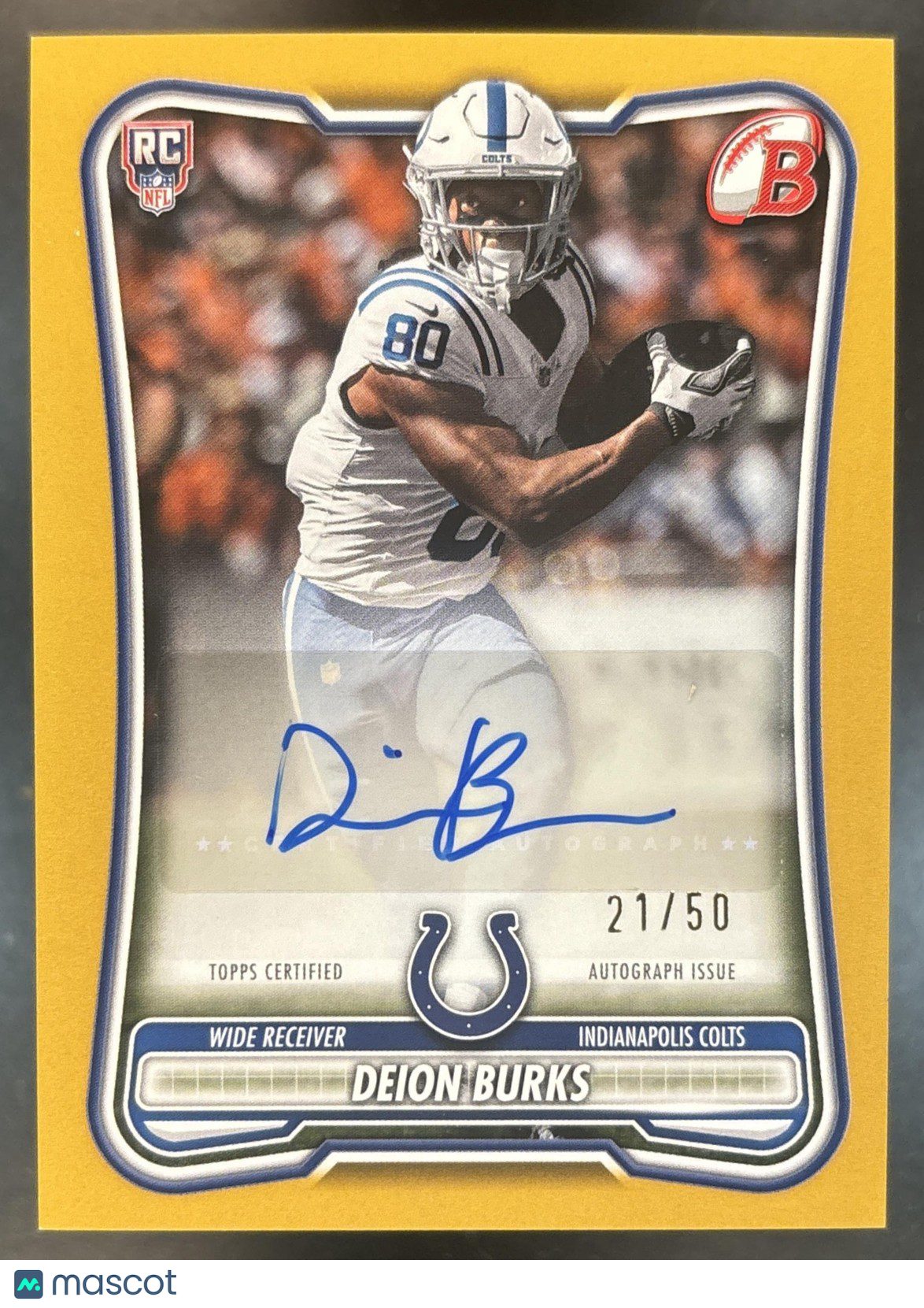 2026 Bowman Deion Burks Paper Rookie Auto Gold /50 RC Indianapolis Colts