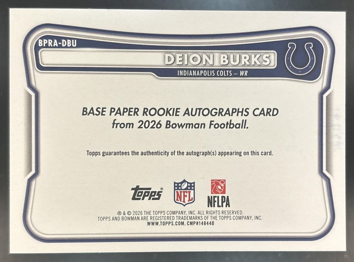 2026 Bowman Deion Burks Paper Rookie Auto Gold /50 RC Indianapolis Colts