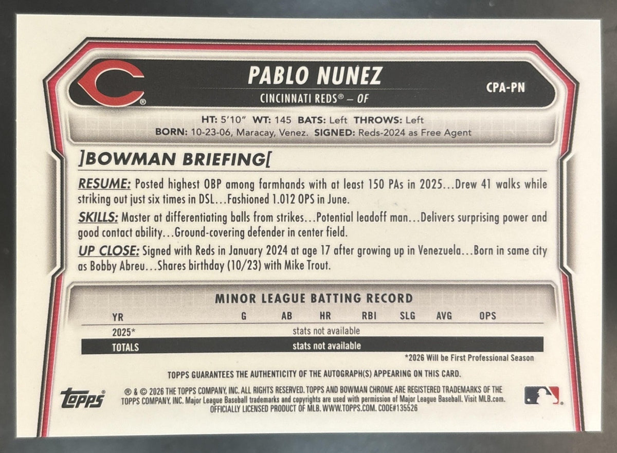 2026 Bowman Pablo Nunez Chrome Auto #CPA-PN 1st Prospect Cincinnati Reds