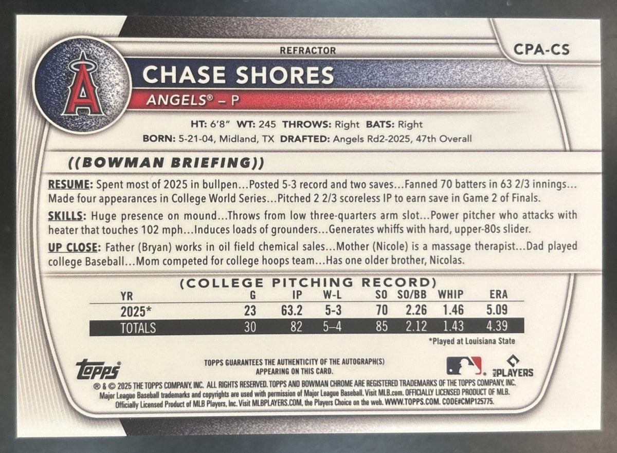 2025 Bowman Draft Chase Shores Chrome Auto Refractor /499 1st Prospect Angels