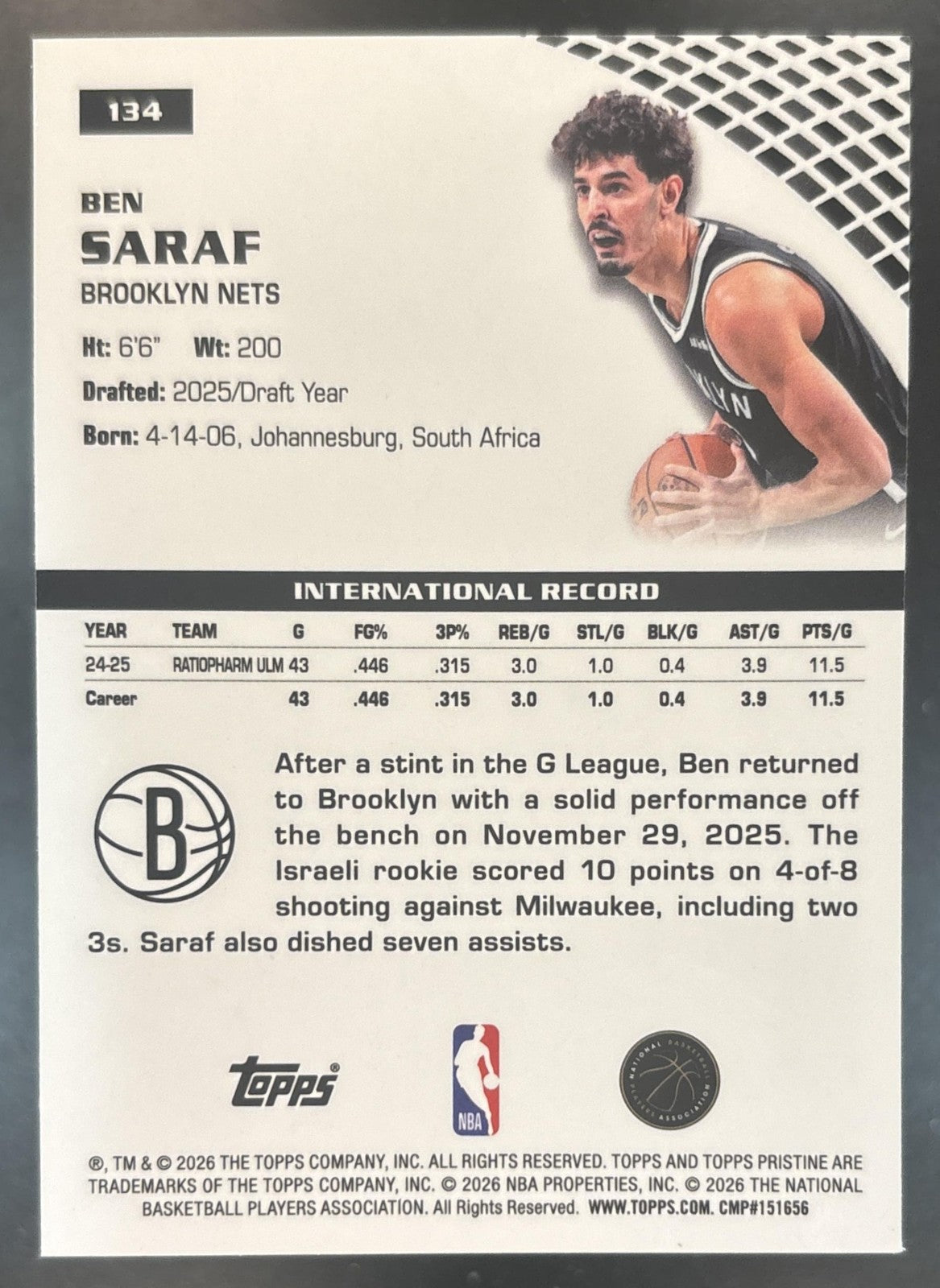 2025-26 Topps Pristine Ben Saraf Blue Refractor /75 #134 RC Brooklyn Nets