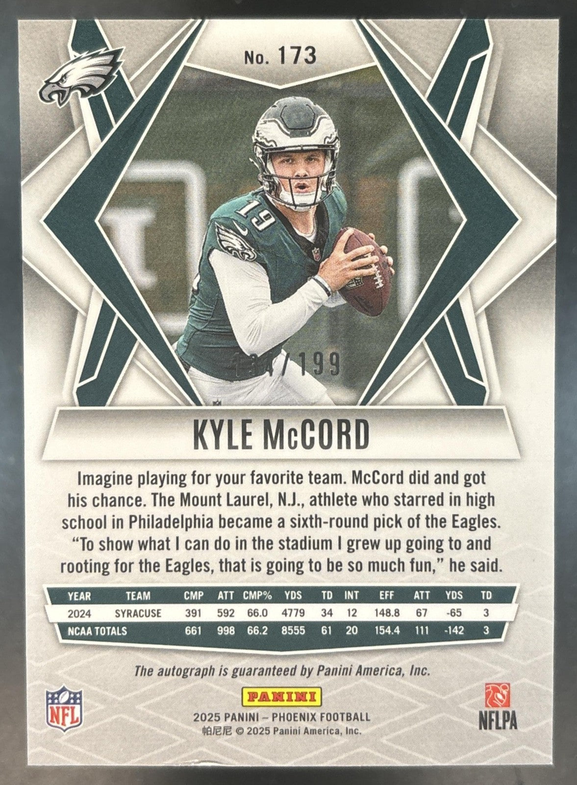 2025 Panini Phoenix Kyle McCord Rookies Auto /199 #173 RC Philadelphia Eagles