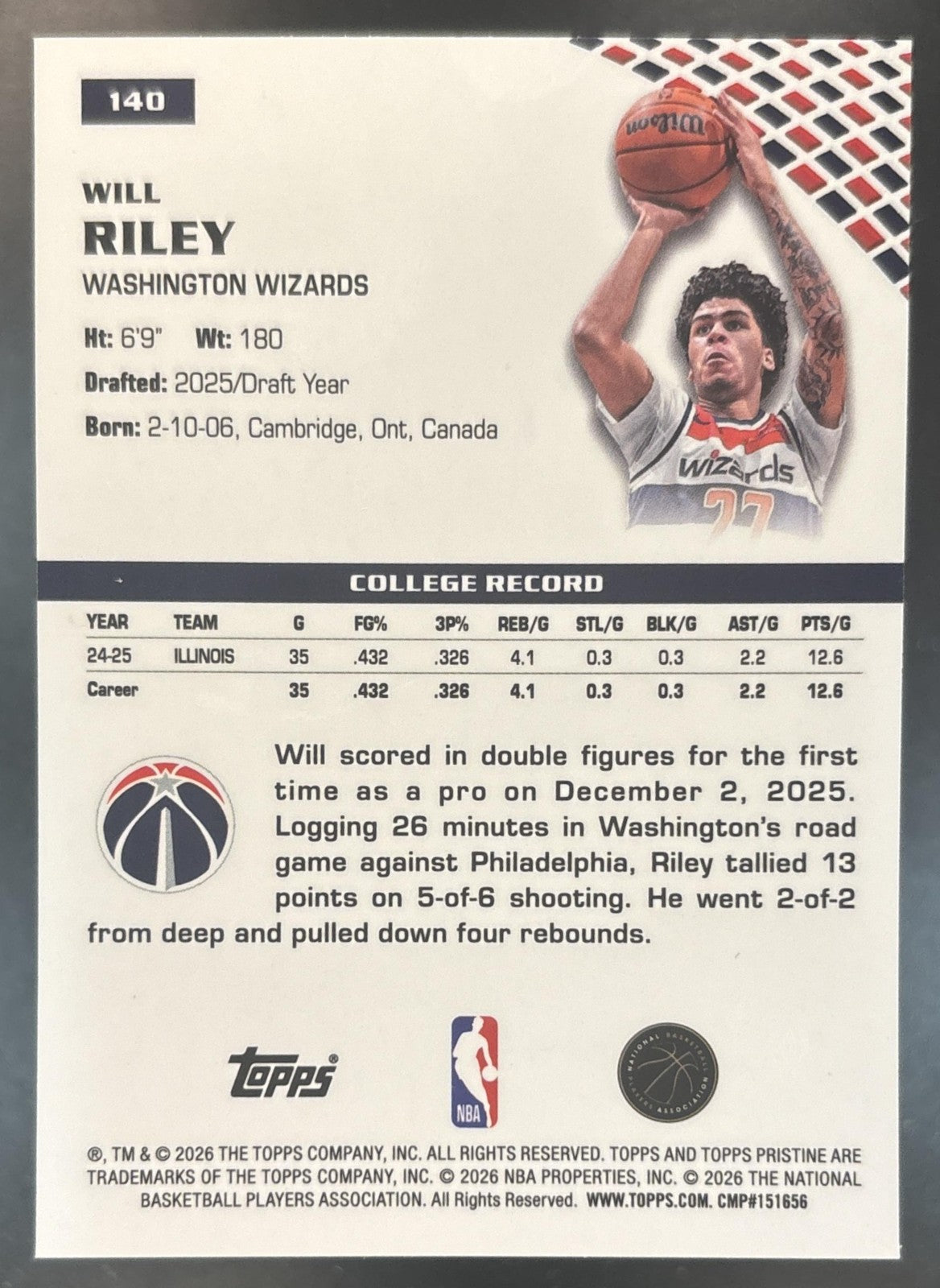 2025-26 Topps Pristine Will Riley Blue Refractor /75 #140 RC Wizards