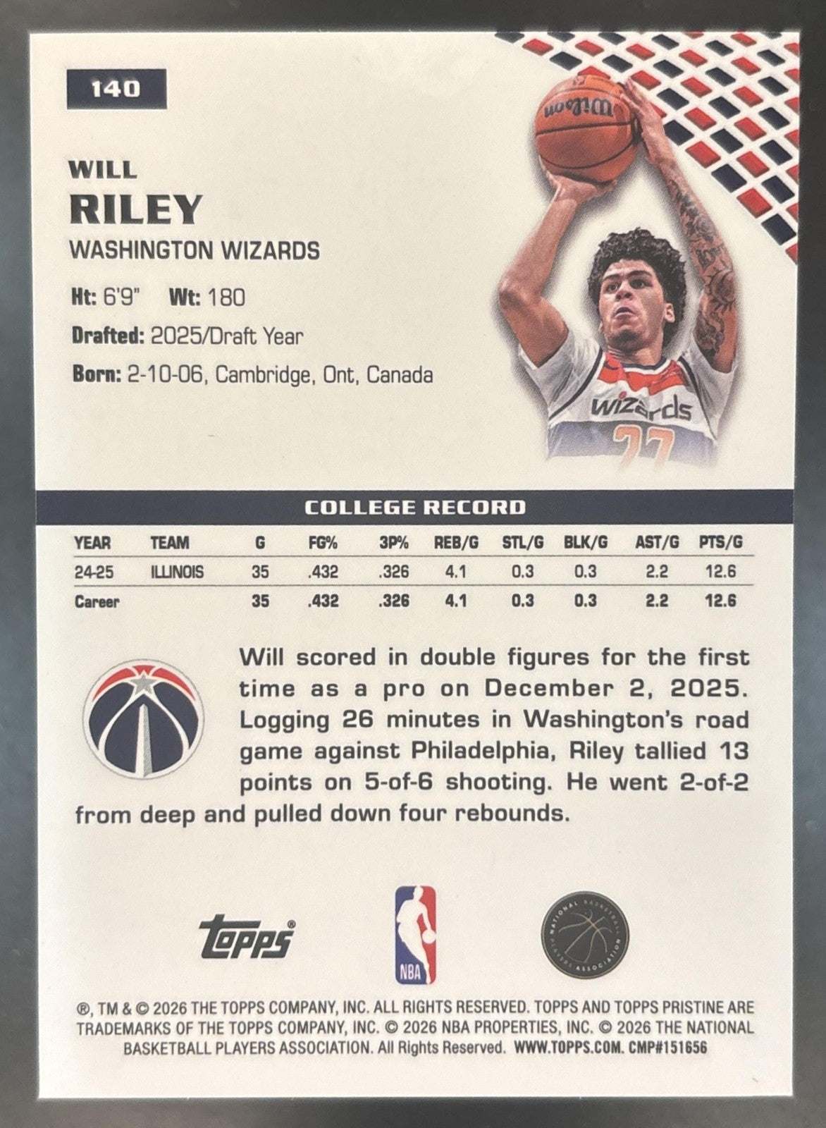 2025-26 Topps Pristine Will Riley Blue Refractor /75 #140 RC Washington Wizards