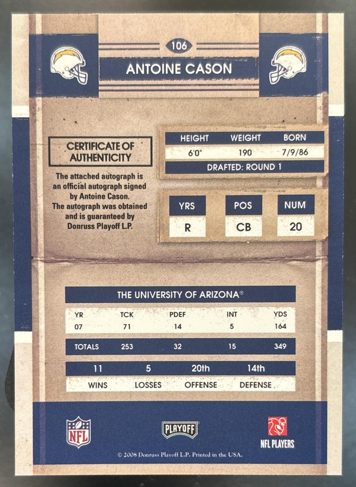 2008 Playoff Contenders Antoine Cason #106 RC Auto San Diego Chargers