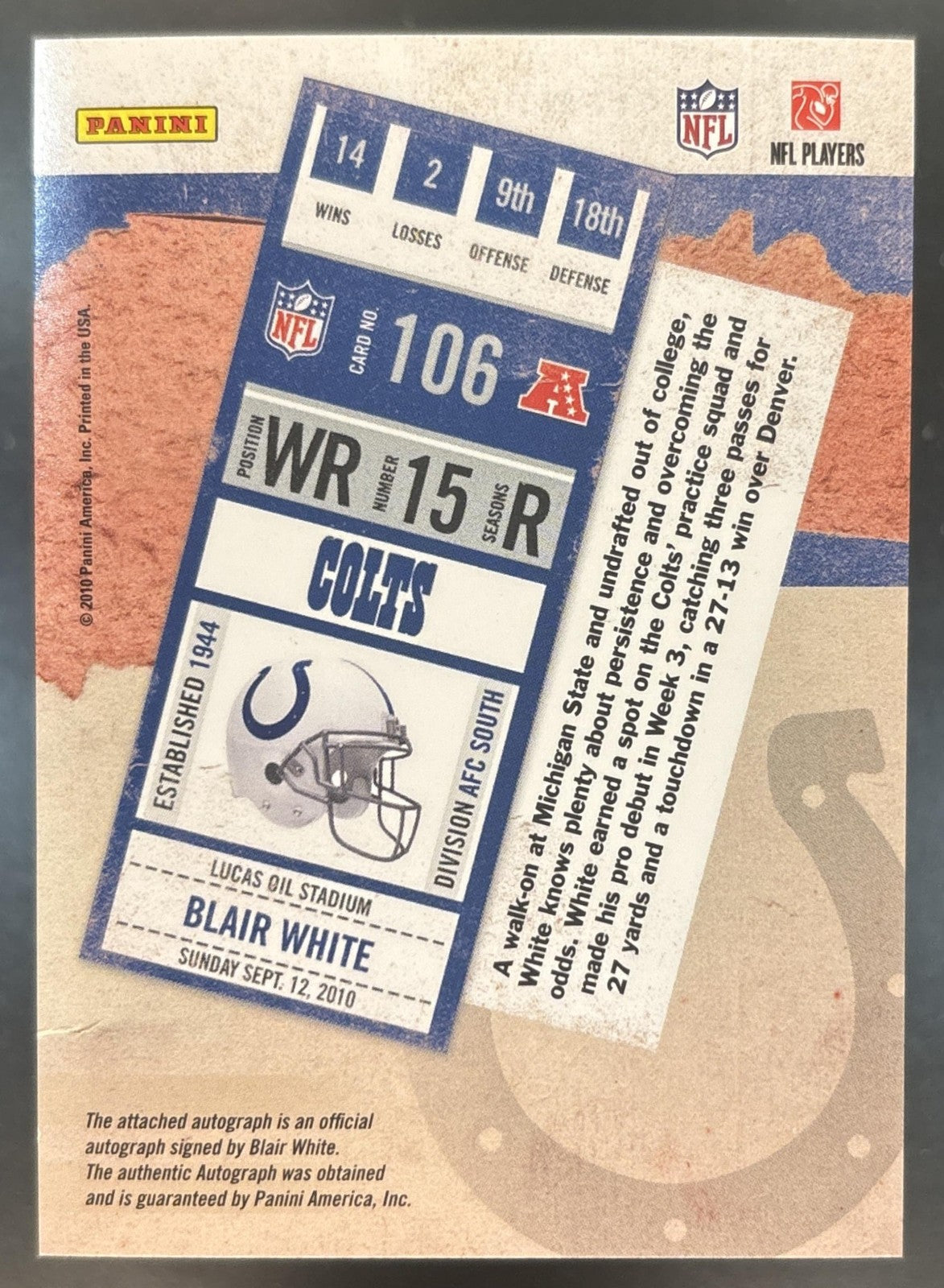 2010 Panini Playoff Contenders Blair White #106 RC Auto Indianapolis Colts
