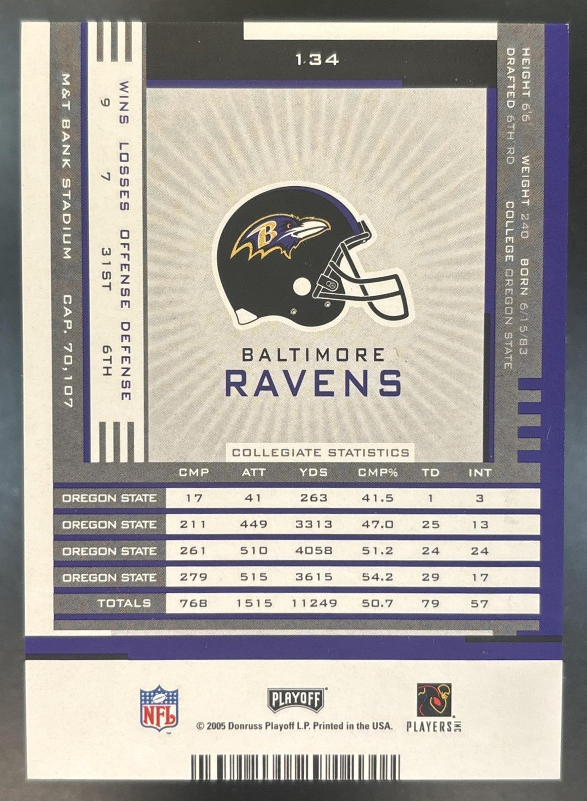 2005 Playoff Contenders Derek Anderson #134 RC Auto Baltimore Ravens