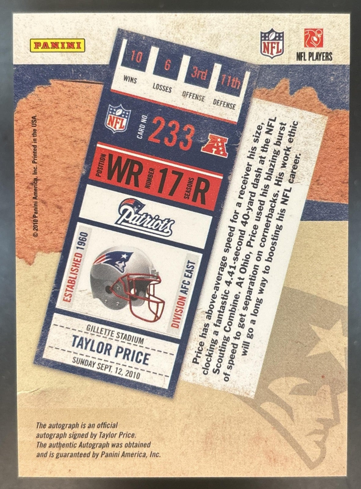 2010 Panini Playoff Contenders Taylor Price #233a RC Auto New England Patriots
