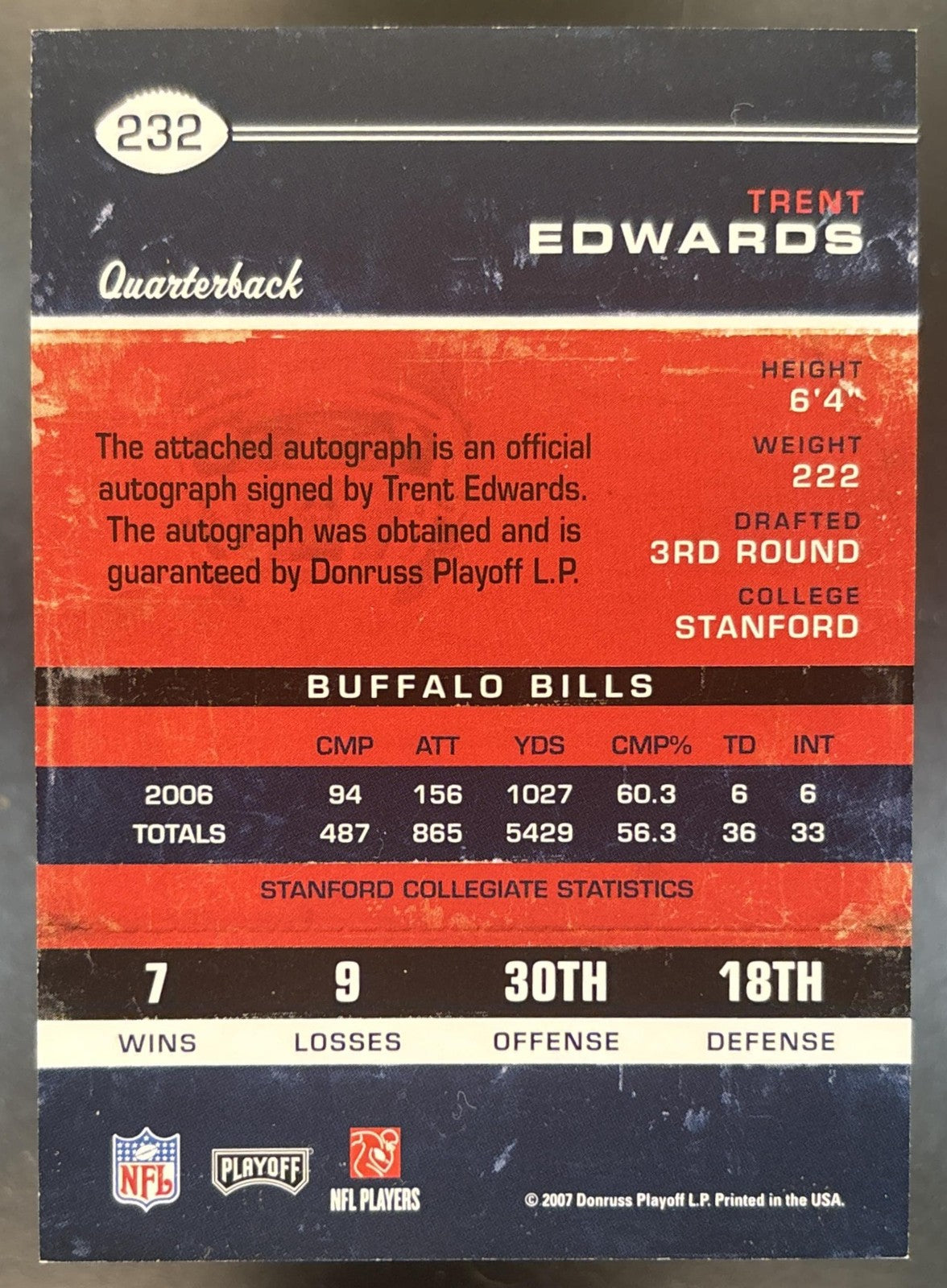 2007 Playoff Contenders Trent Edwards #232 RC Rookie Ticket Auto Buffalo Bills
