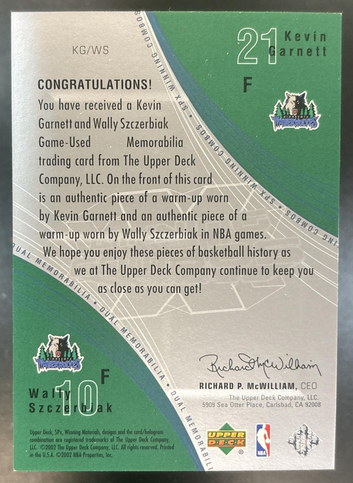 2002-03 SPx Kevin Garnett Wally Szczerbiak Winning Combos Jersey MEM