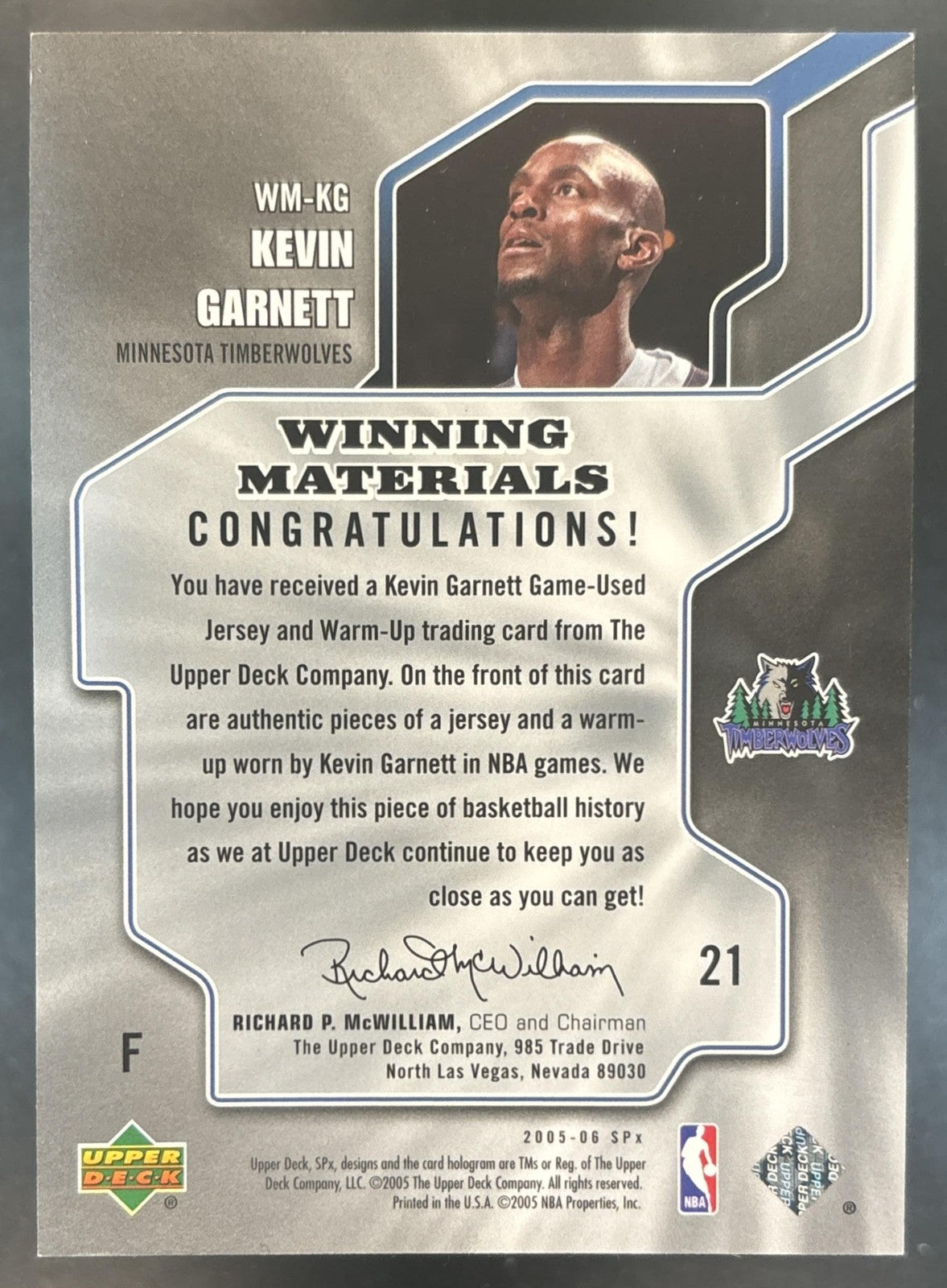 2005-06 SPx Kevin Garnett Winning Materials #WM-KG Minnesota Timberwolves