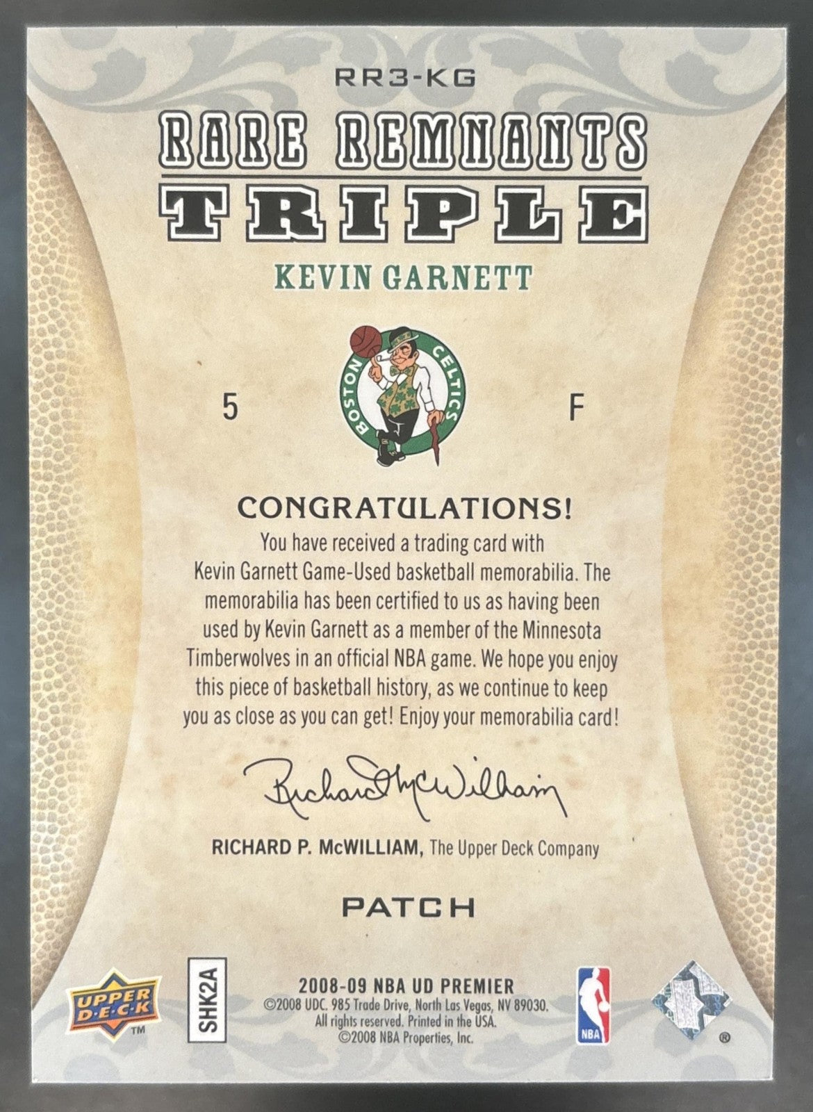 2008-09 Upper Deck Premier Kevin Garnett Rare Remnants Triple Patch /50 Celtics