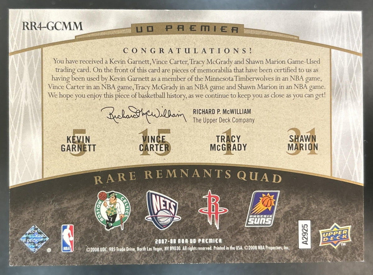2007-08 UD Premier Kevin Garnett Vince Carter Tracy McGrady Marion 4 Patch /25