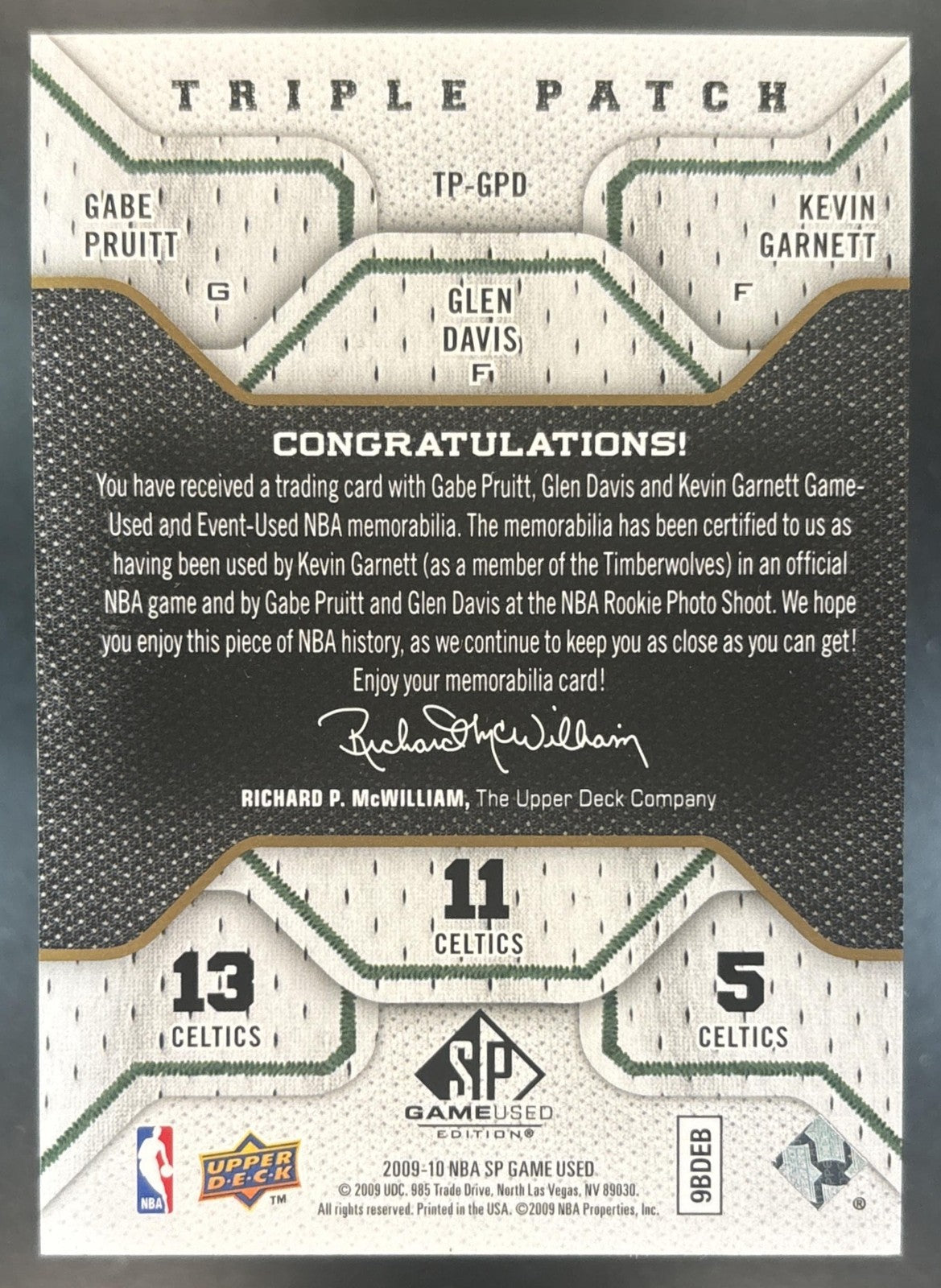 2009-10 SP Game Used Kevin Garnett Gabe Pruitt Glen Davis Triple Patch /60 MEM