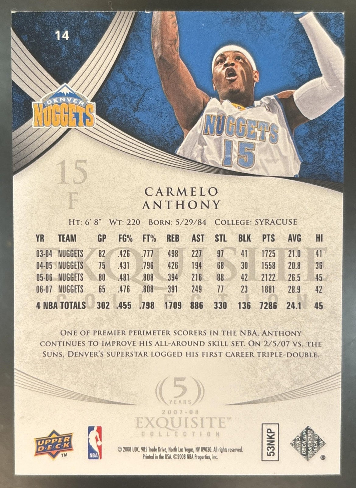 2007-08 Upper Deck Exquisite Collection Carmelo Anthony /225 #14 Denver Nuggets