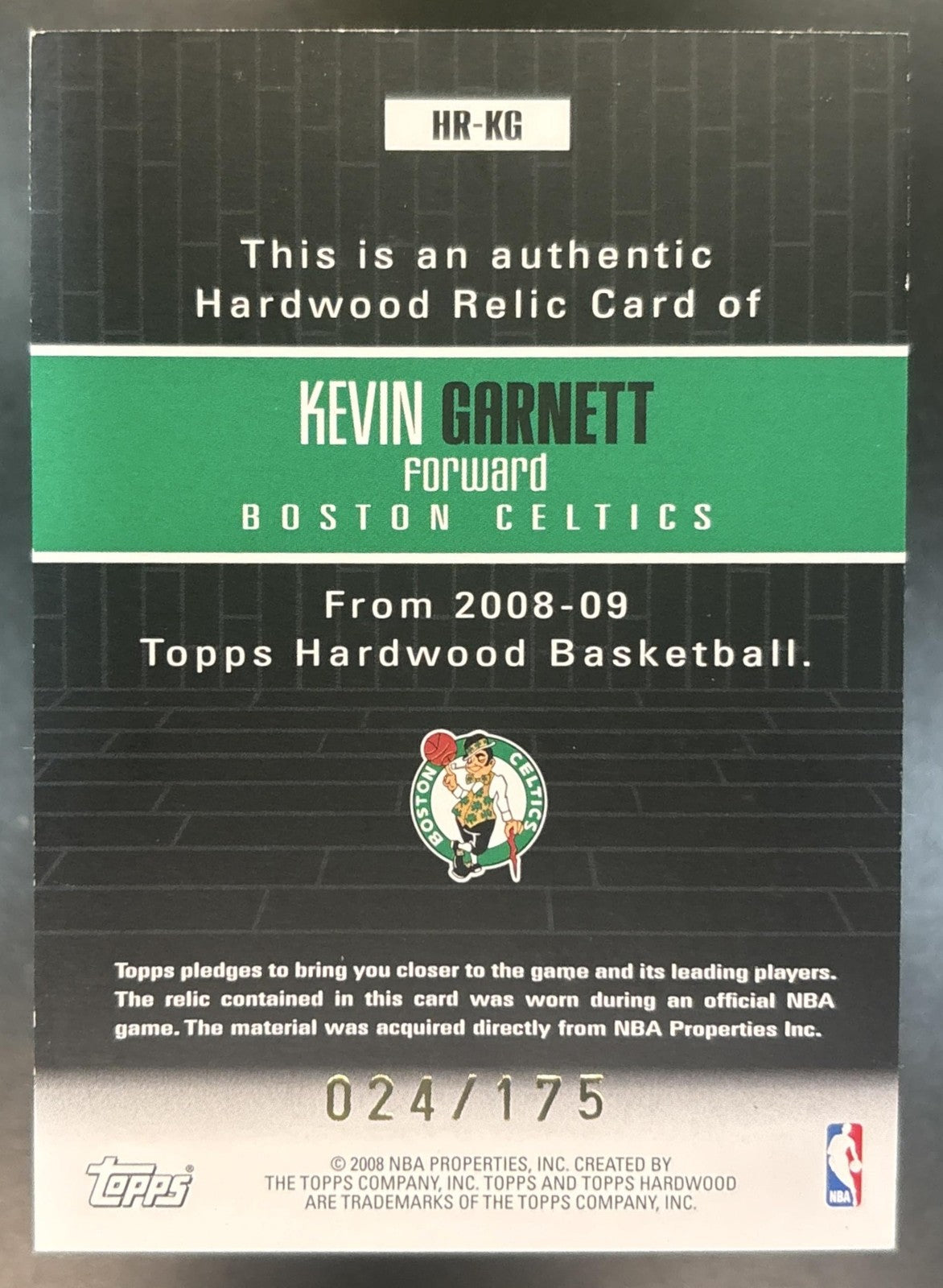 2008-09 Topps Hardwood Kevin Garnett Relics /175 #HR-KG Boston Celtics