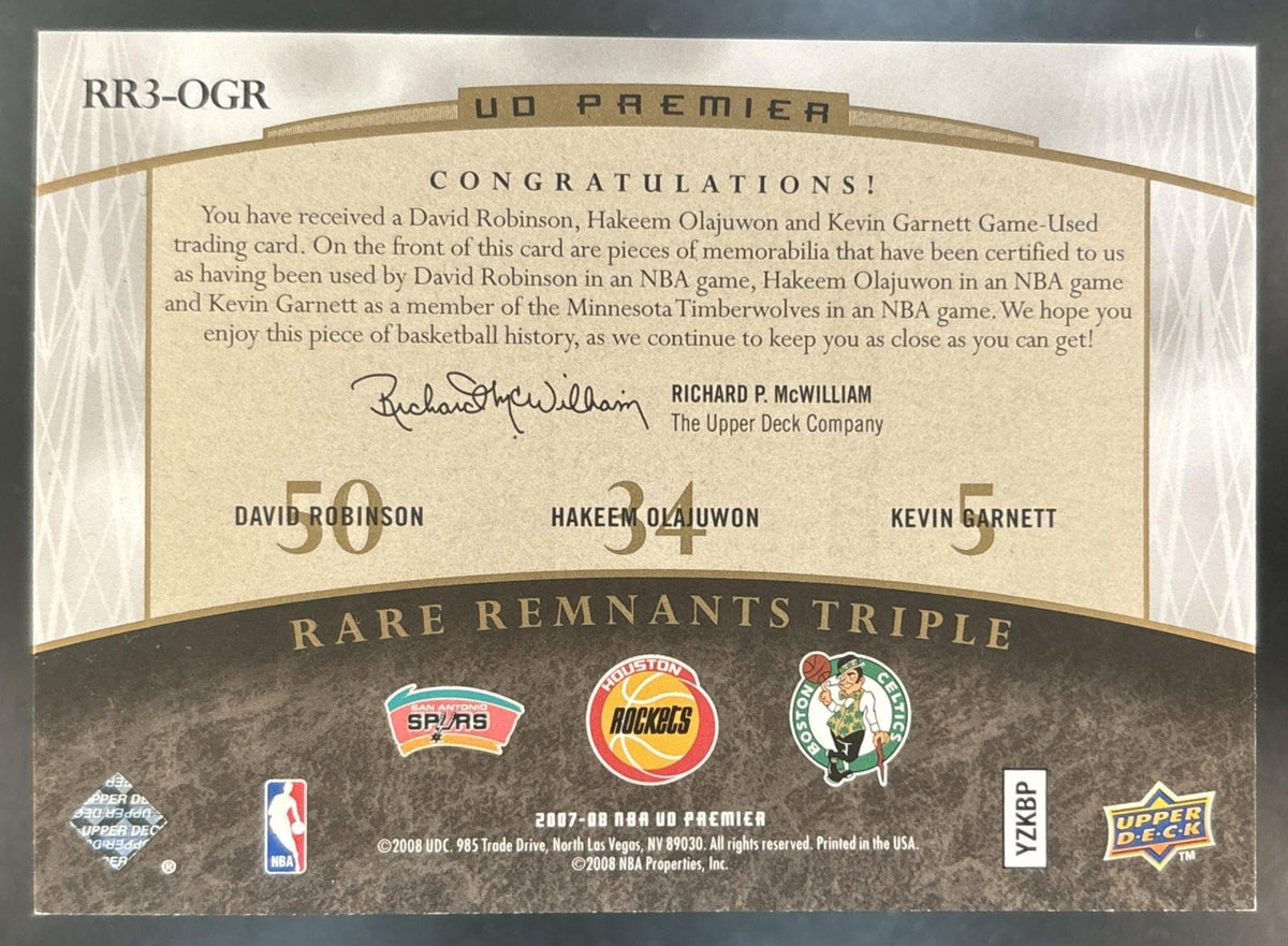 2007-08 UD Premier Hakeem Olajuwon Kevin Garnett David Robinson 3 Patch /50