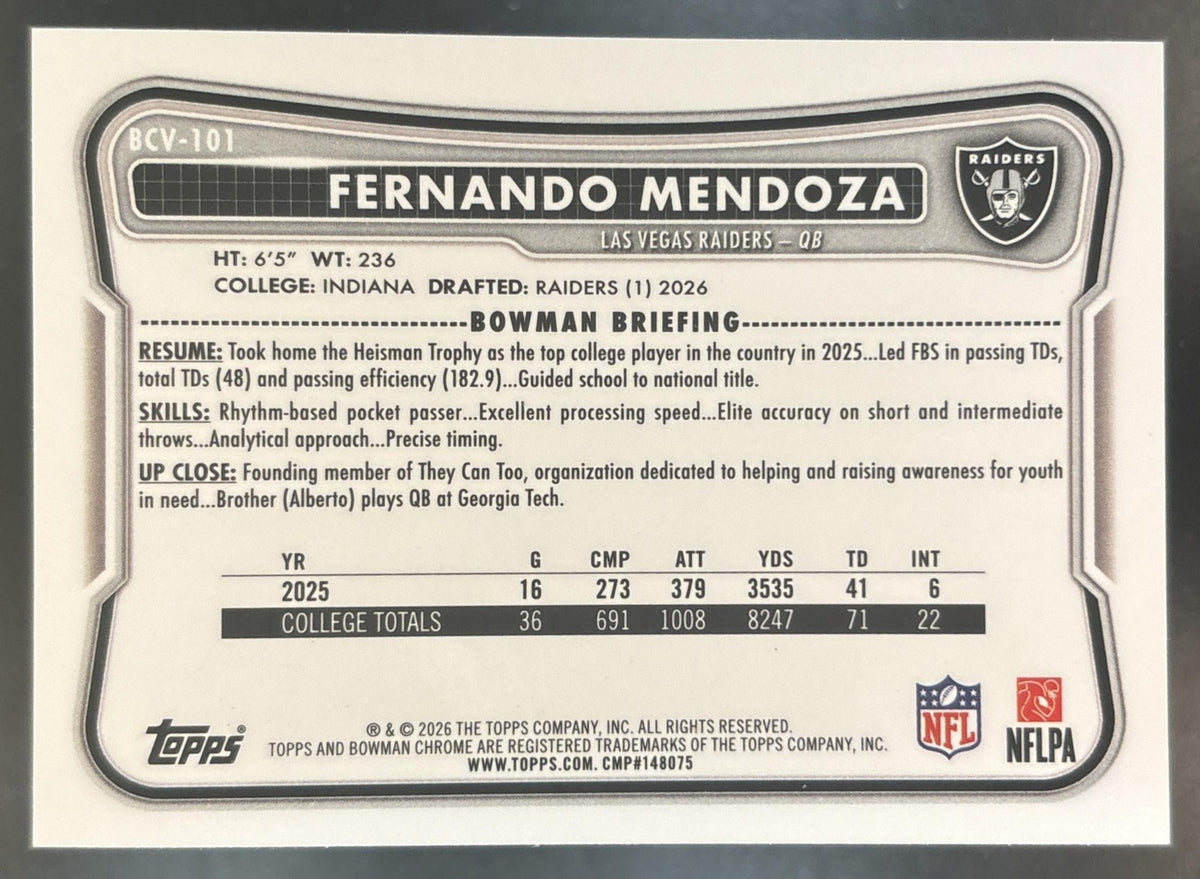 2026 Bowman Fernando Mendoza Chrome NFL Speckle Refractor #BCV-101 RC Raiders