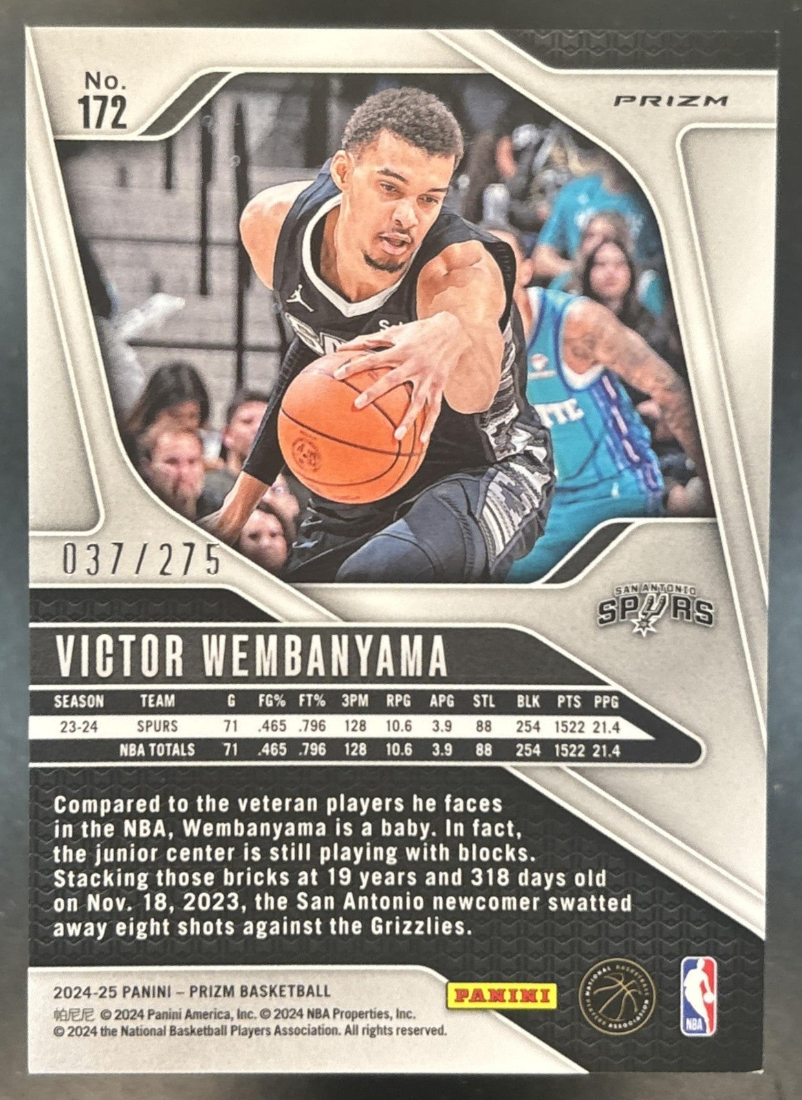 2024-25 Panini Prizm Victor Wembanyama White Lazer /275 #172 San Antonio Spurs
