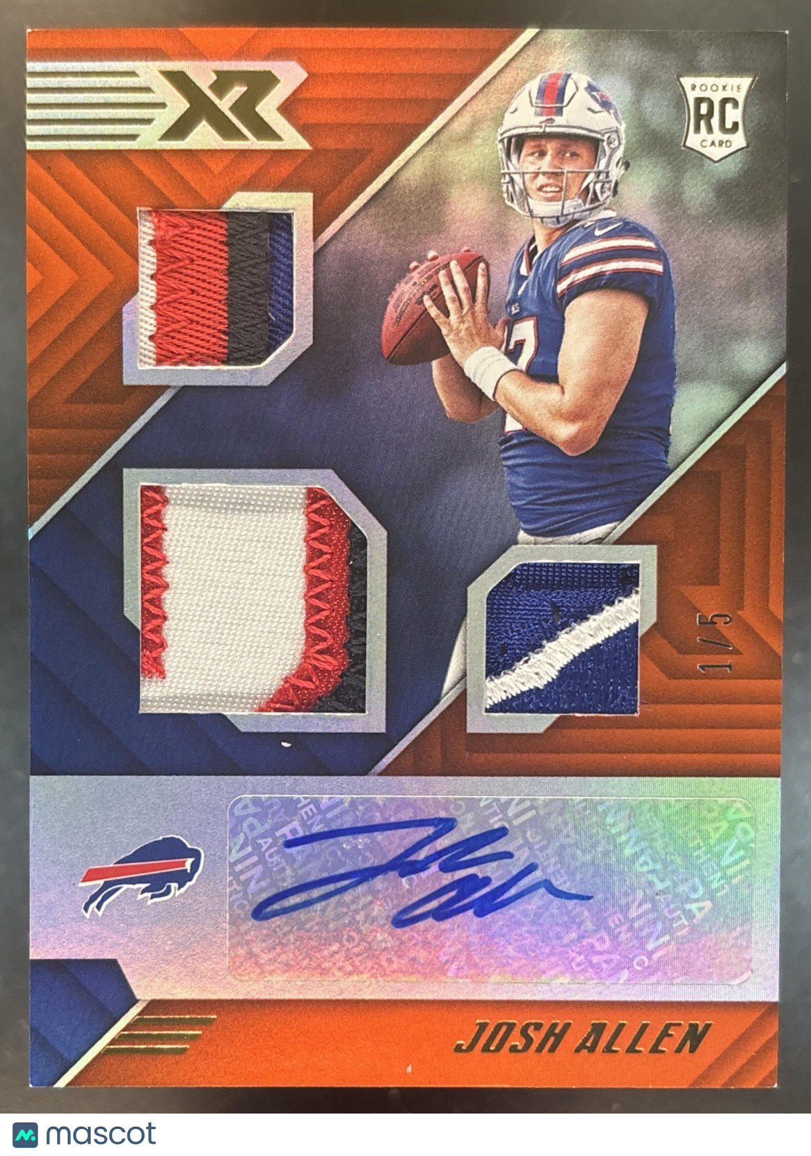 2018 Panini XR Josh Allen Orange 1/5 #165 MEM Auto RC Buffalo Bills